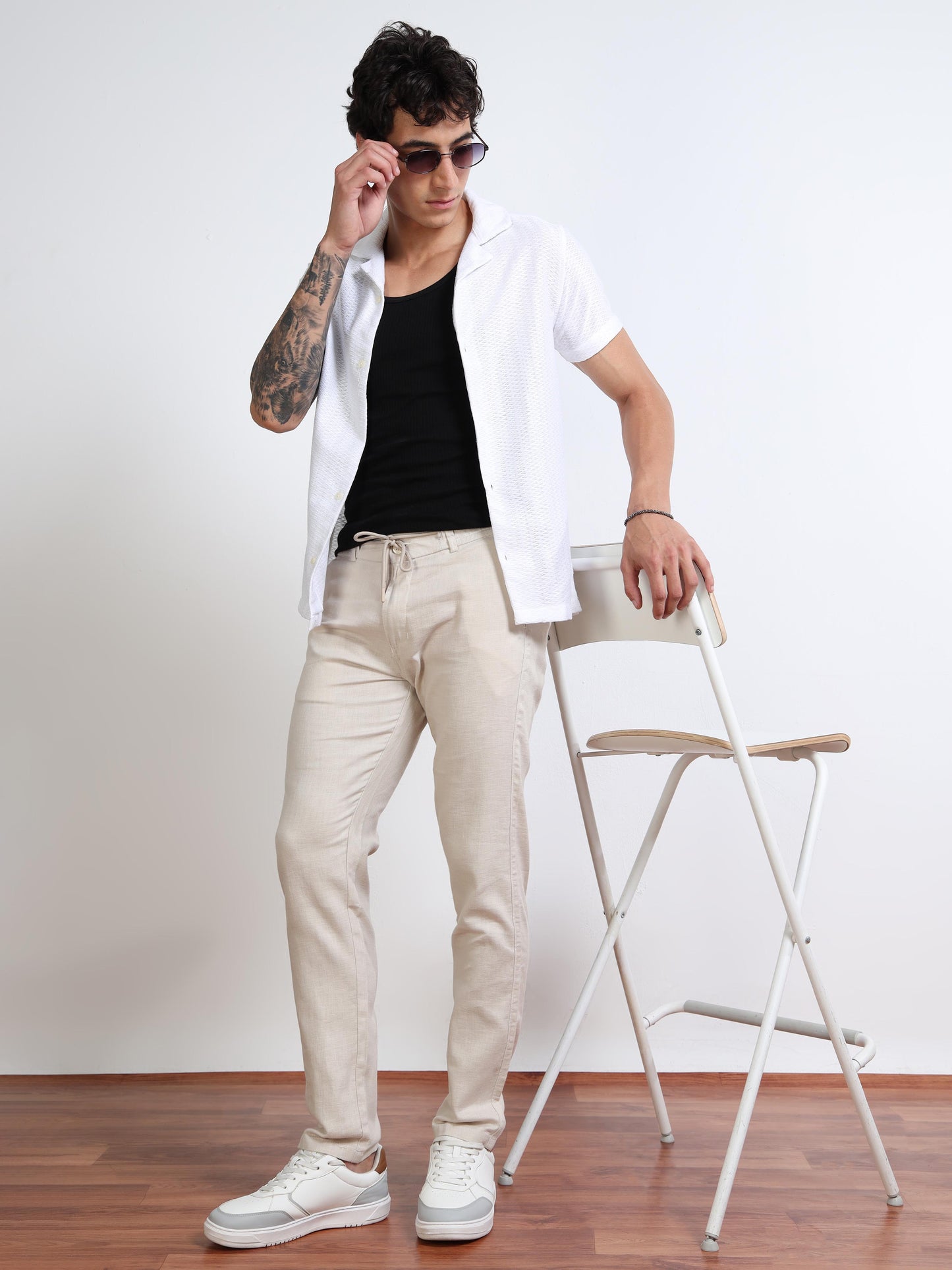 Men’s Sandal Drawstring Linen Trousers Black Thread