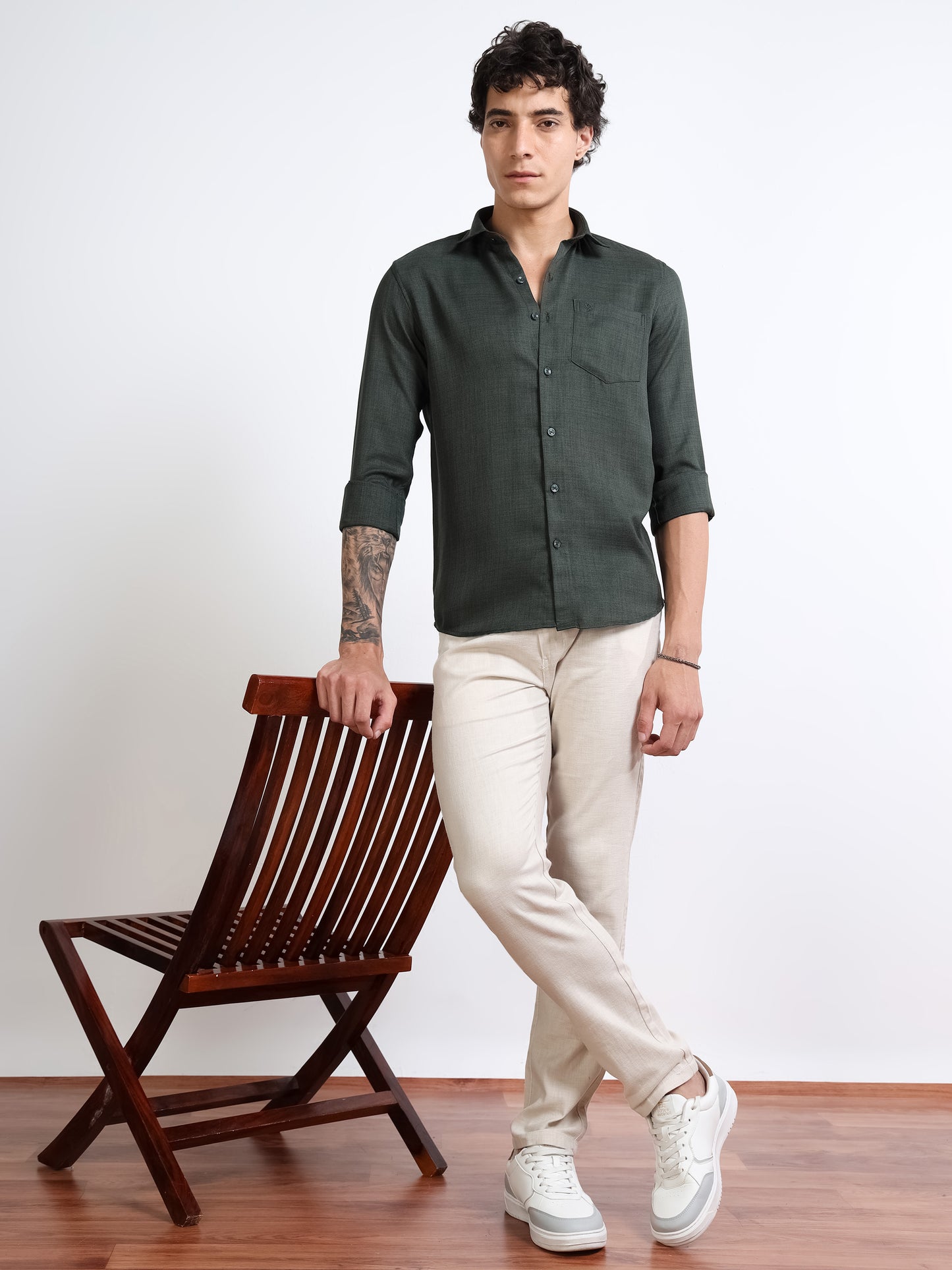 Men’s Dark Green Pure Linen Shirt by Black Thread