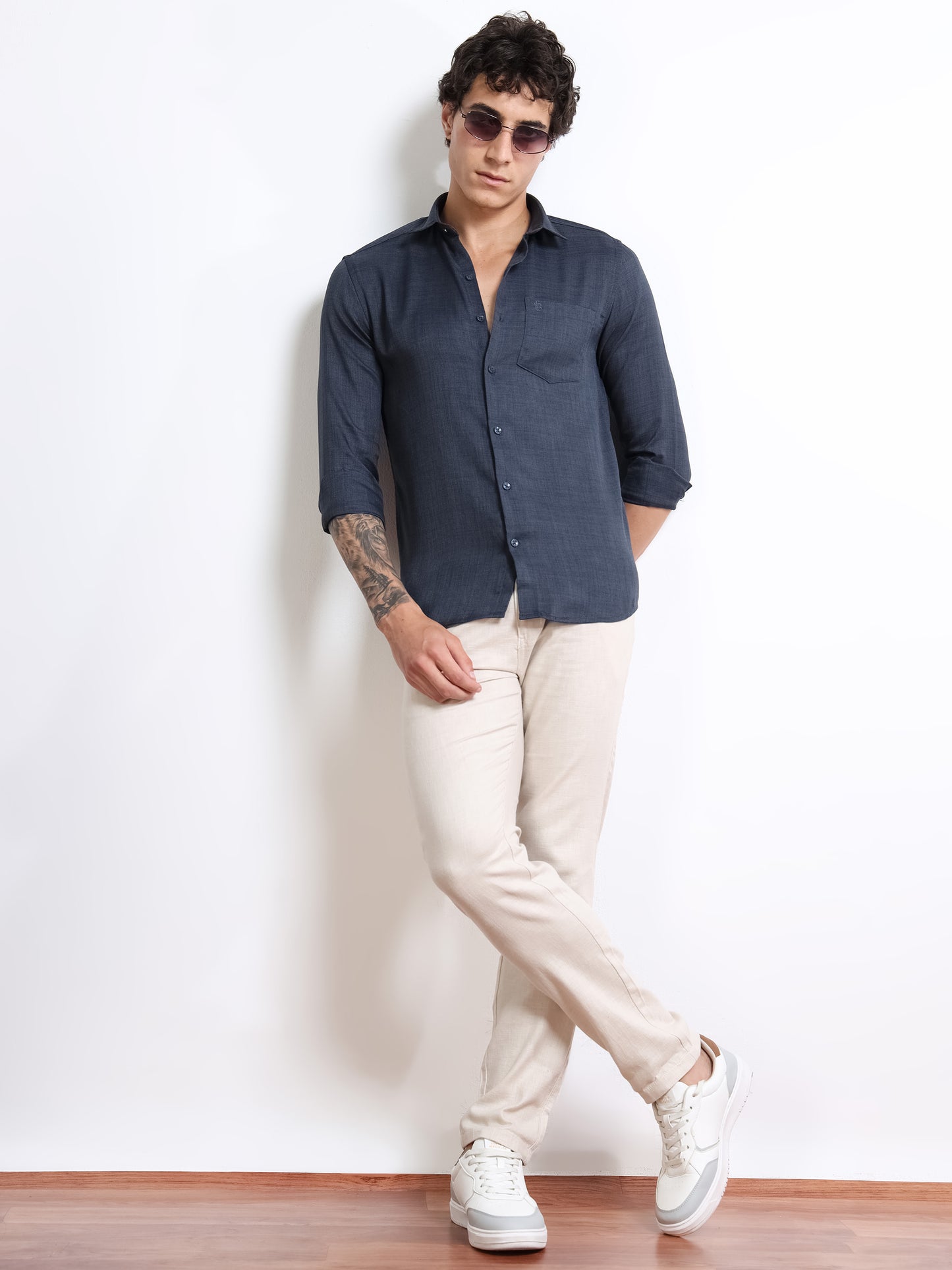 Men’s Navy Blue Pure Linen Shirt by Black Thread
