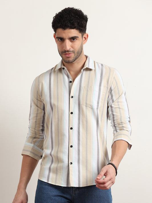 Beige Striped Shirt For Men