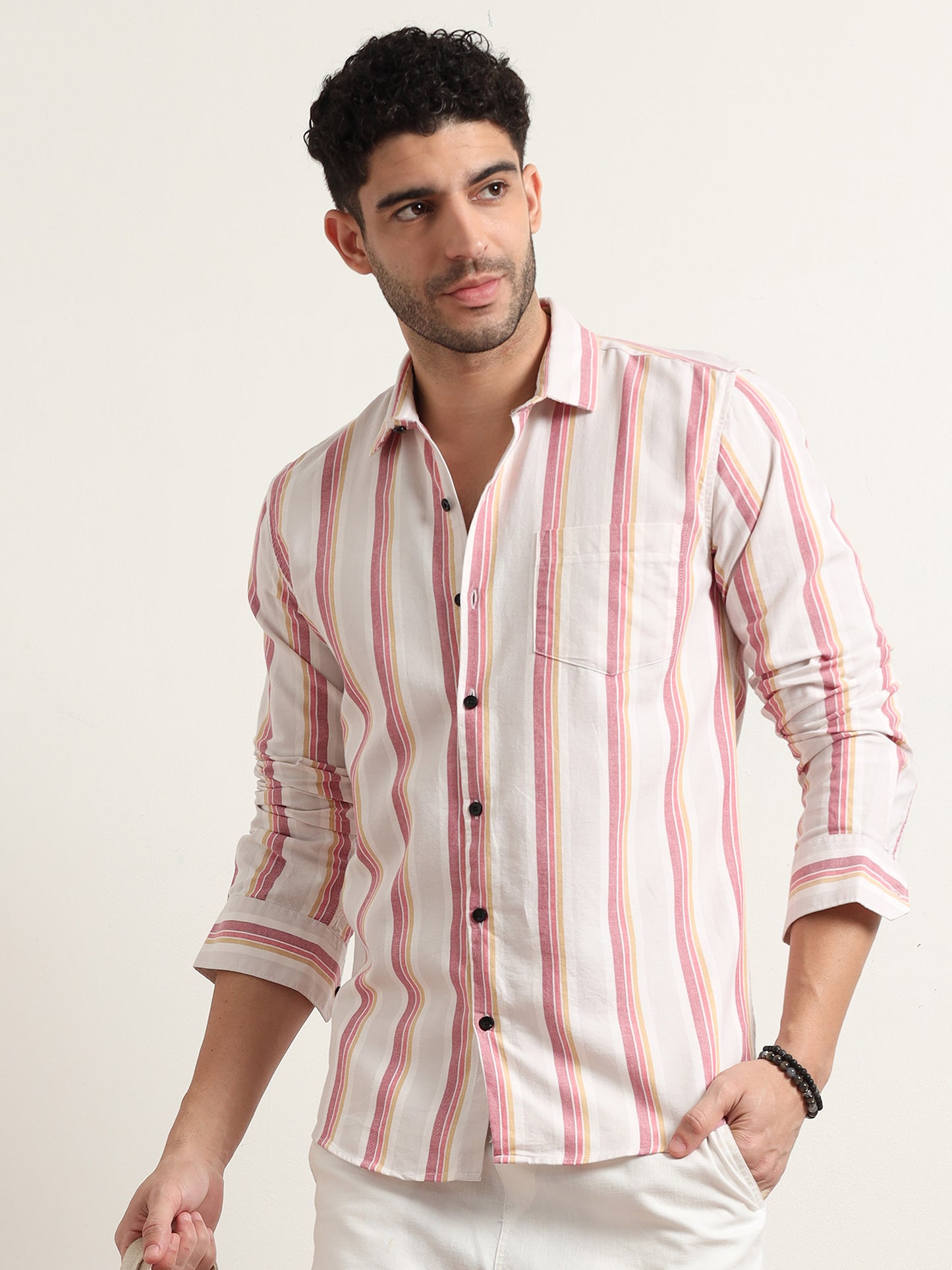 White Shirt With Pink Stripes For Men