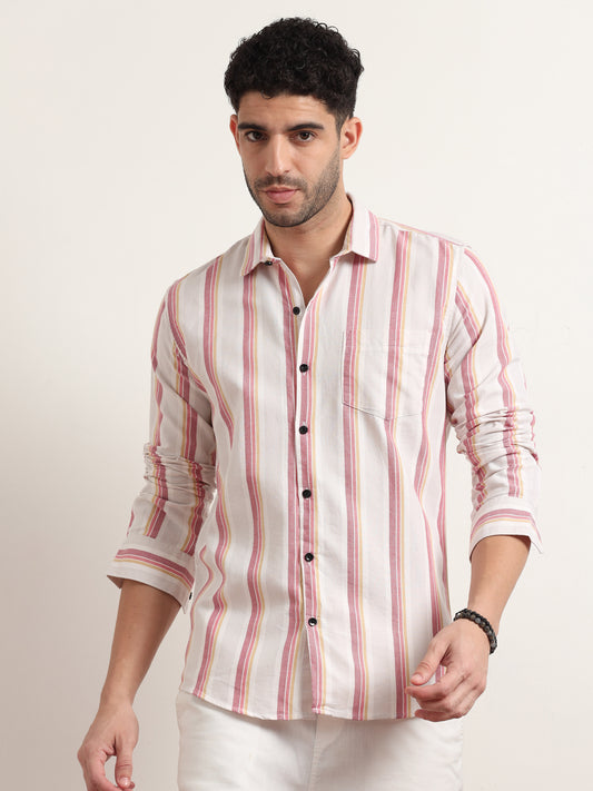White Shirt With Pink Stripes For Men