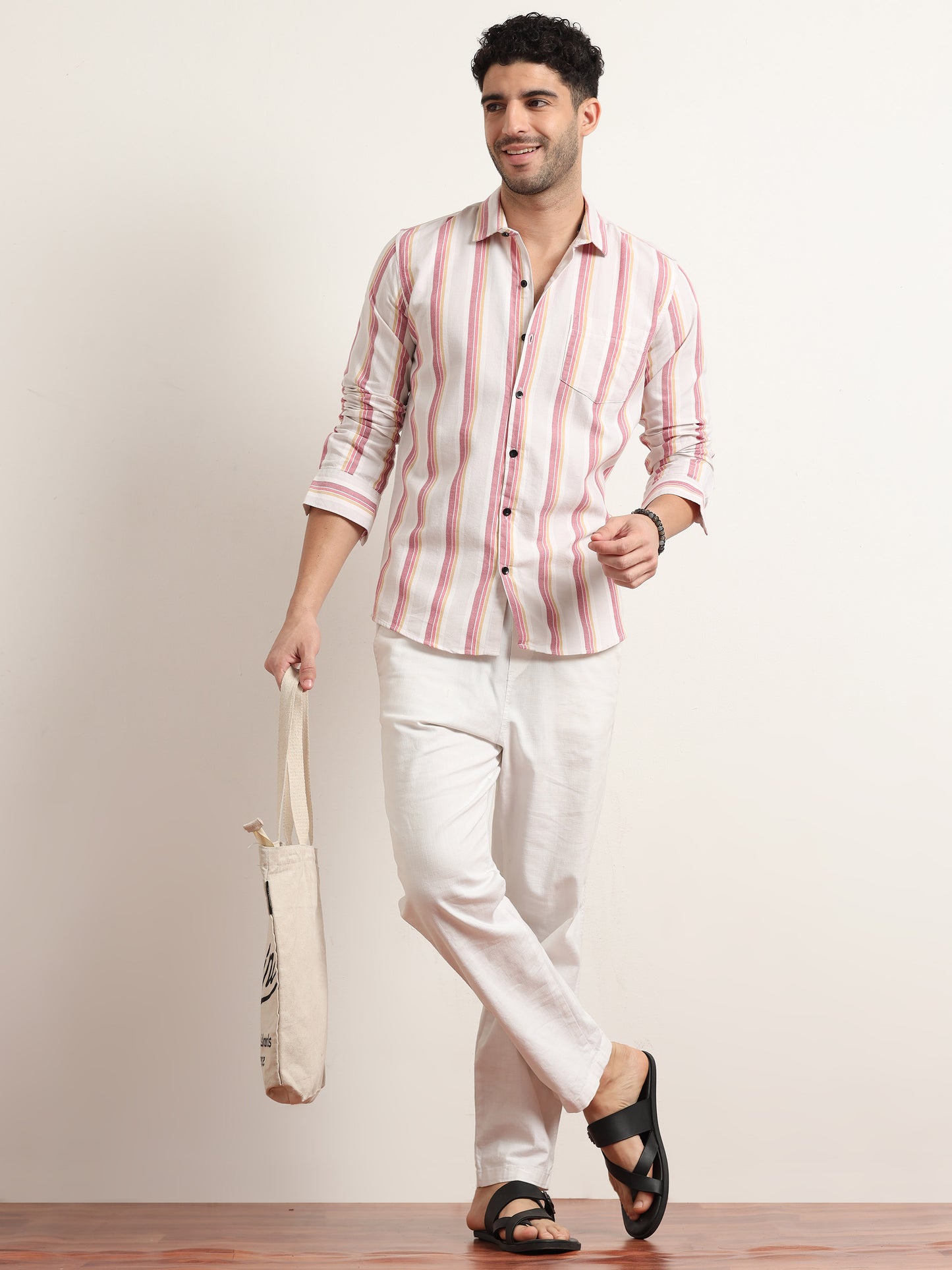 White Shirt With Pink Stripes For Men