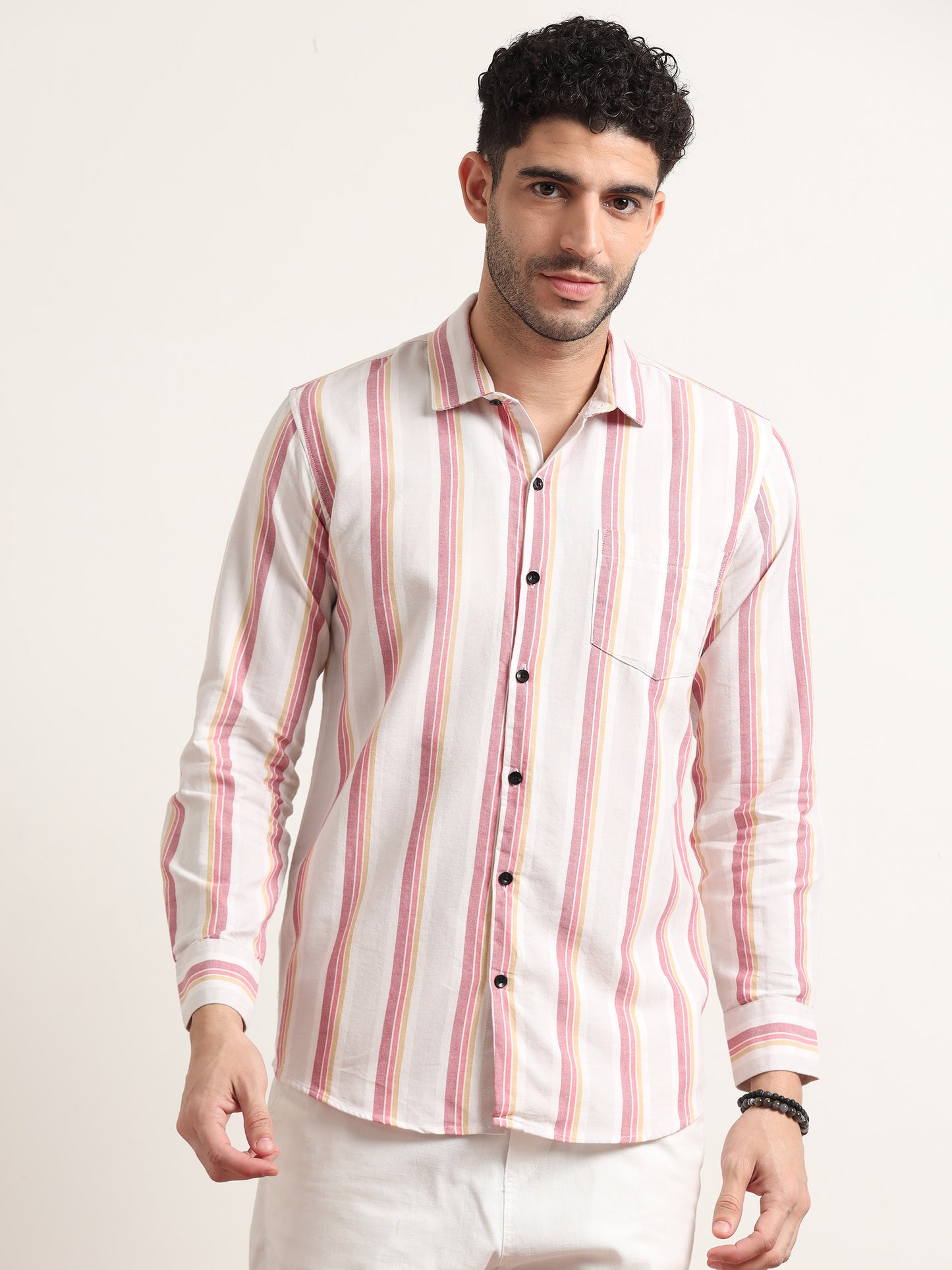 White Shirt With Pink Stripes For Men
