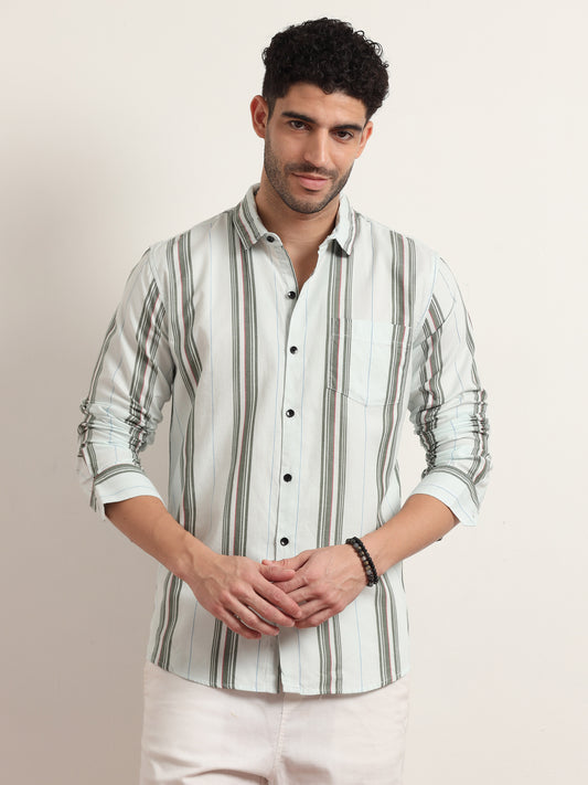 Olive Green And White Striped Shirt For Men