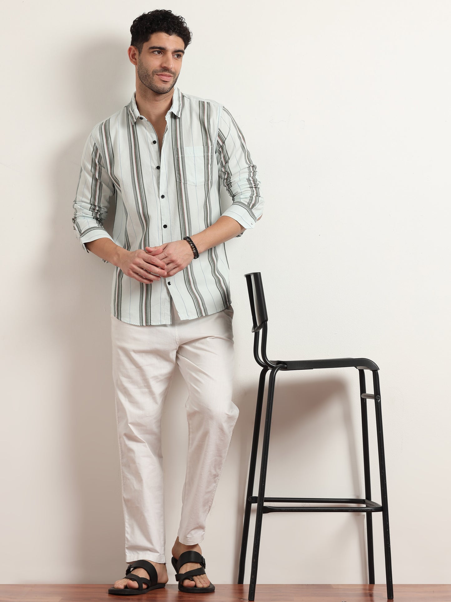 Olive Green And White Striped Shirt For Men