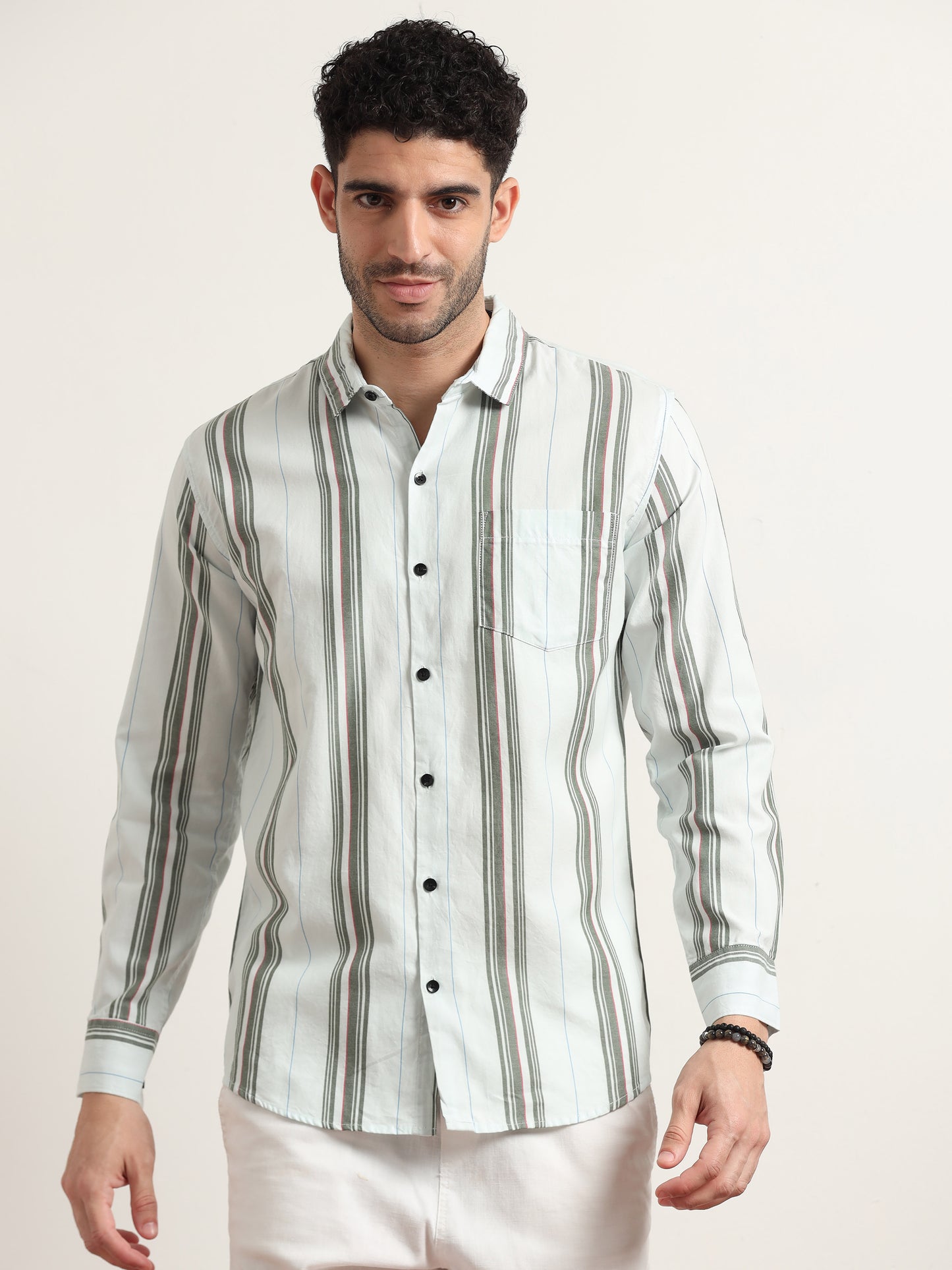 Olive Green And White Striped Shirt For Men