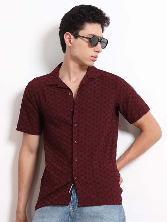Textured Maroon Half Sleeve Shirt for Men