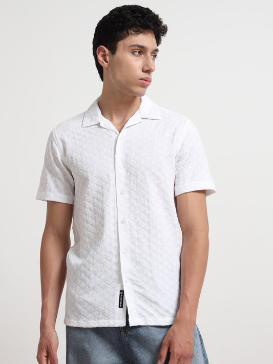 Half Sleeve Mens White Textured Shirt