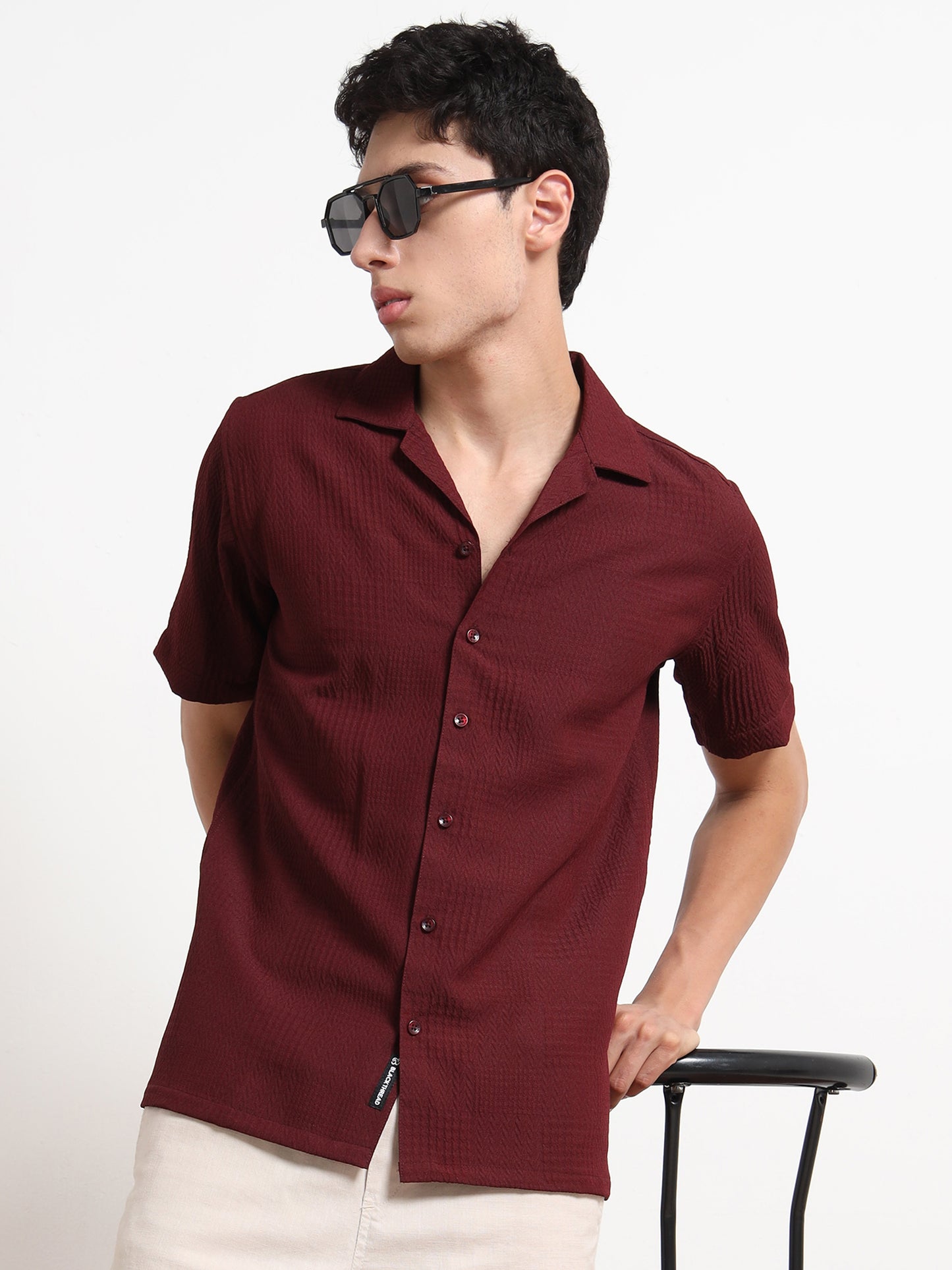 Textured Maroon Half Shirt for Men