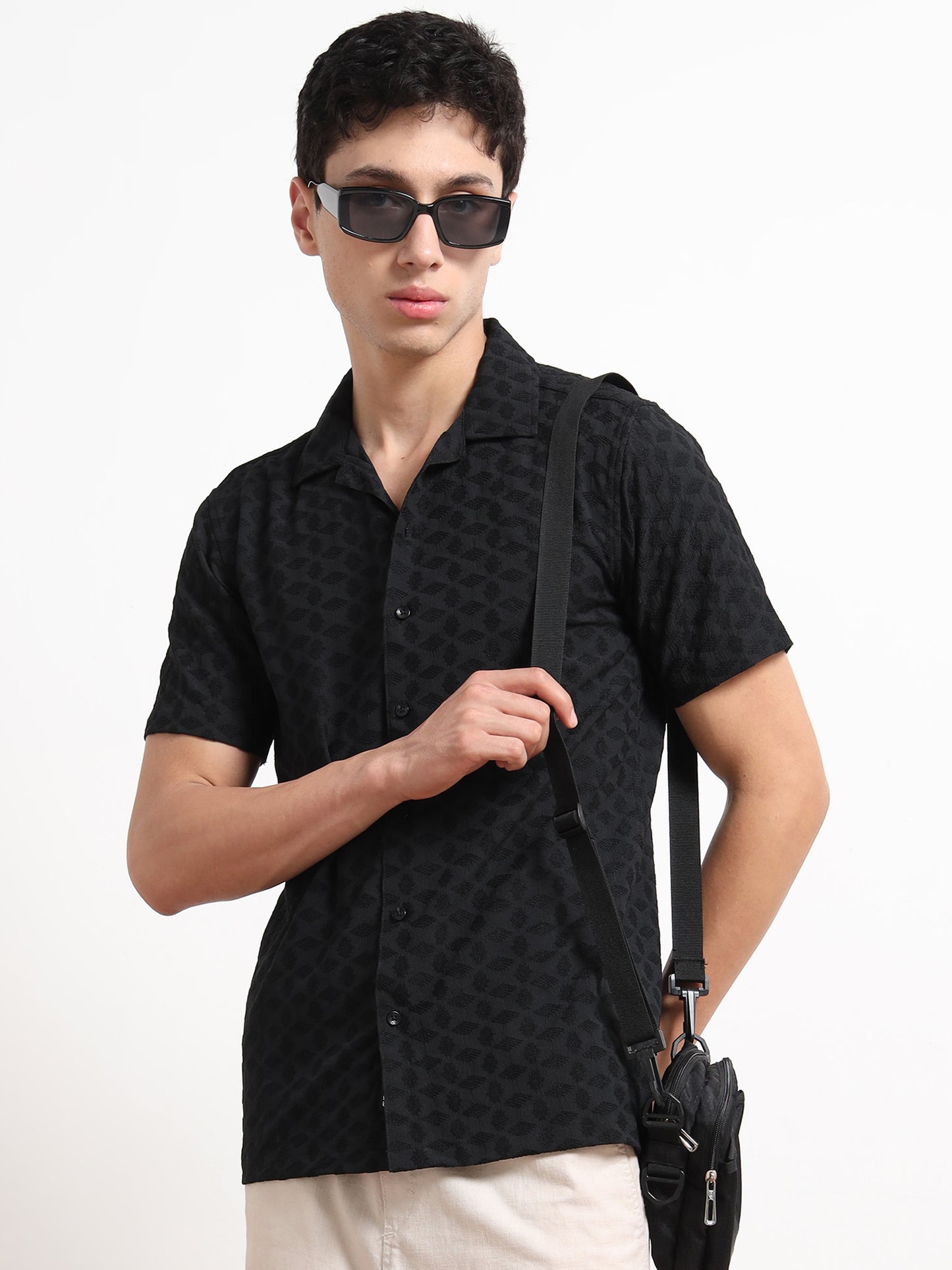 Half Sleeve Textured Black Shirt for Men