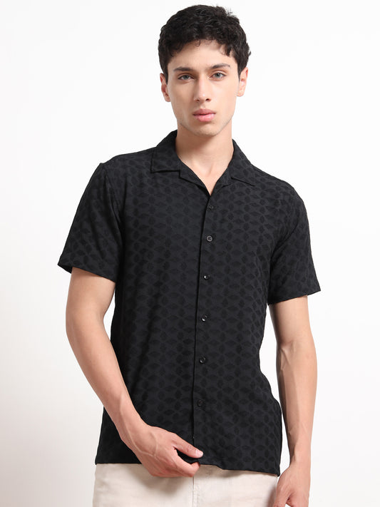 Half Sleeve Textured Black Shirt for Men