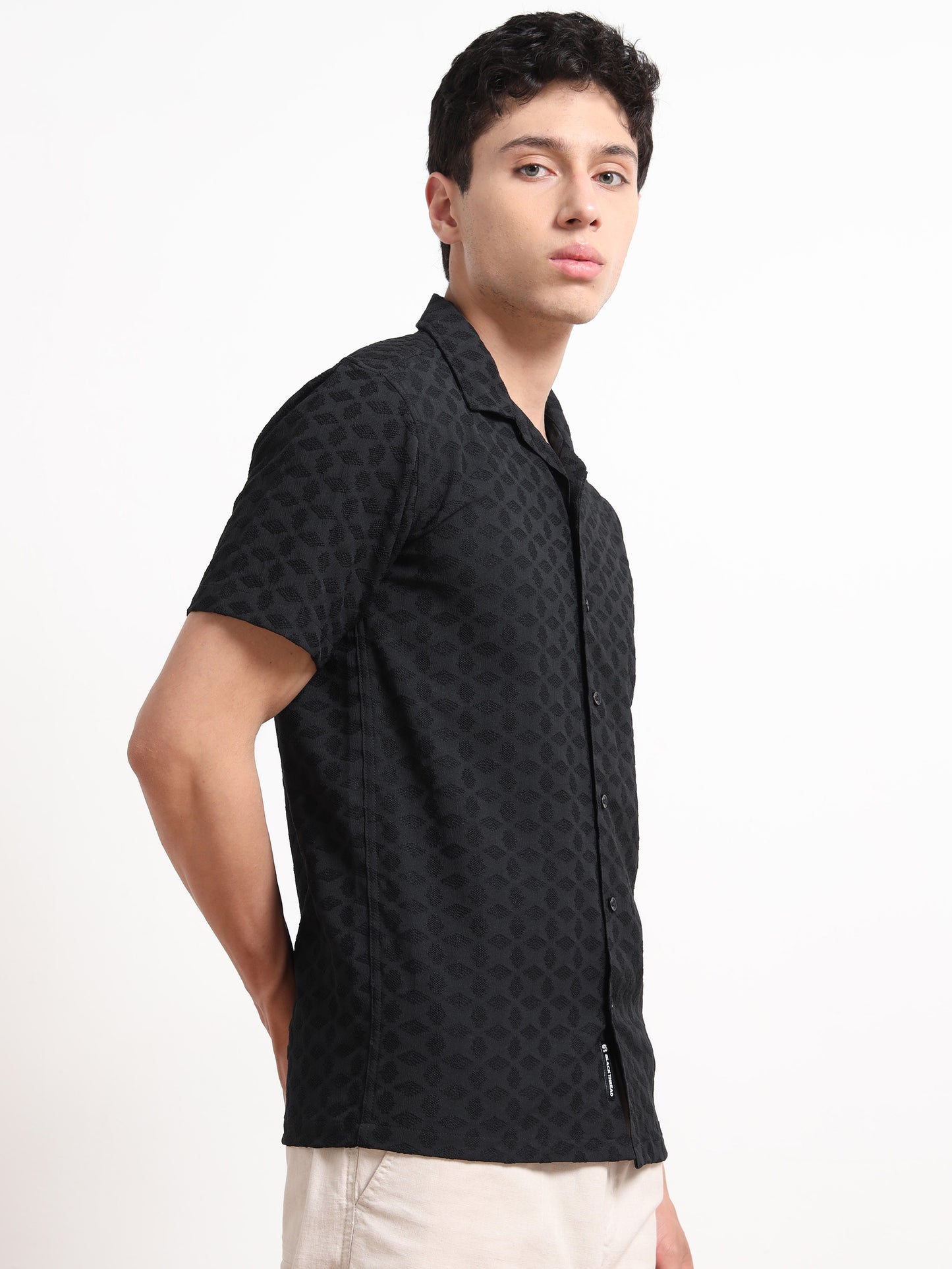 Half Sleeve Textured Black Shirt for Men