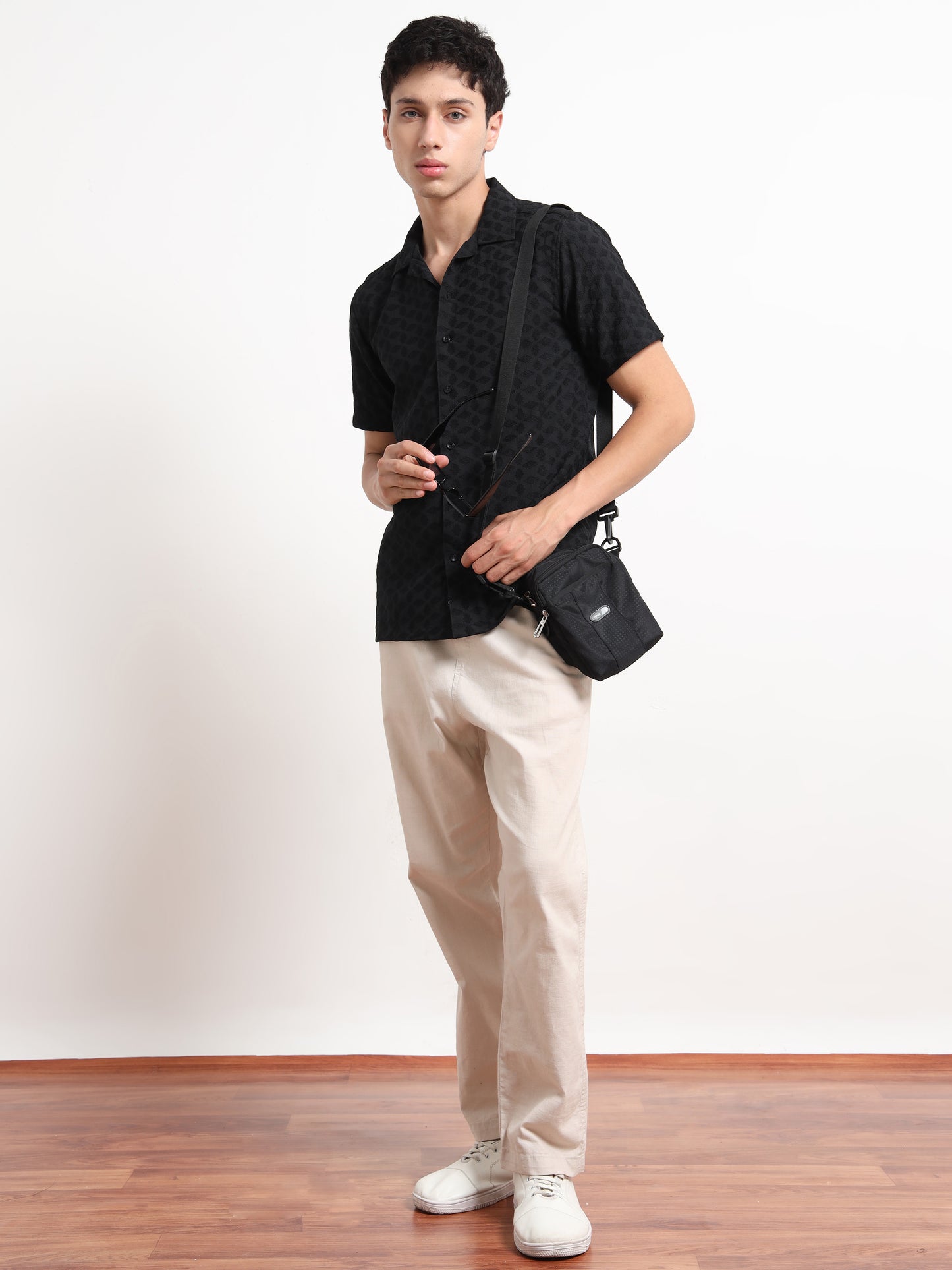 Half Sleeve Textured Black Shirt for Men