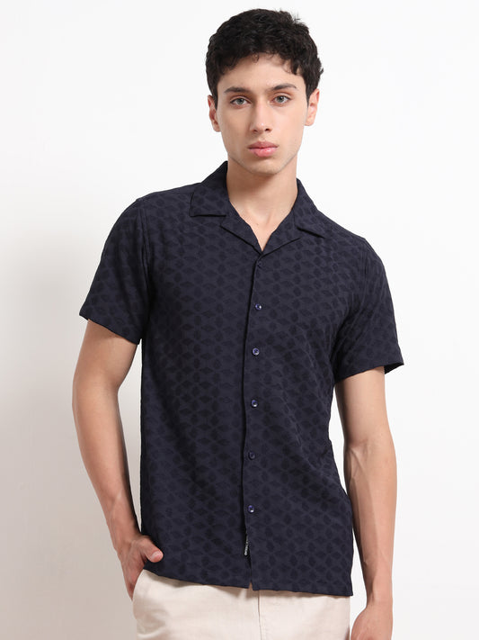 Textured Blue Half Sleeve Shirt For Men