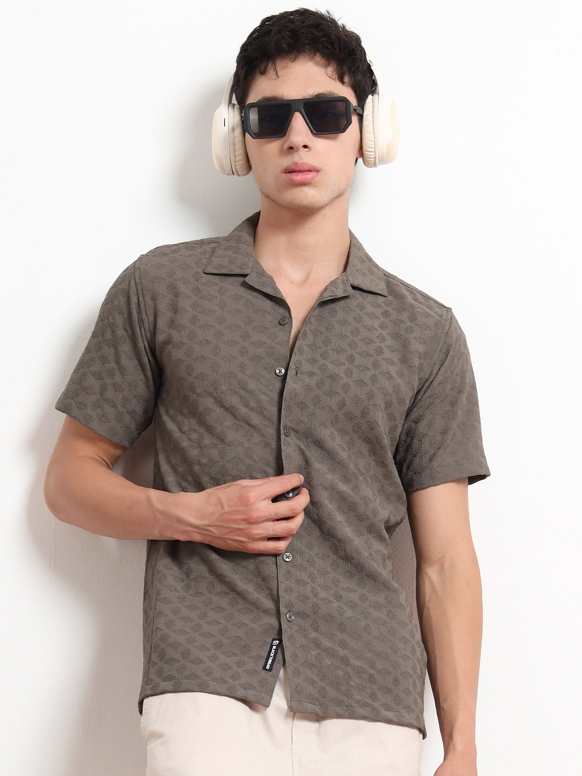 Textured Grey Half Sleeve Shirt for Men