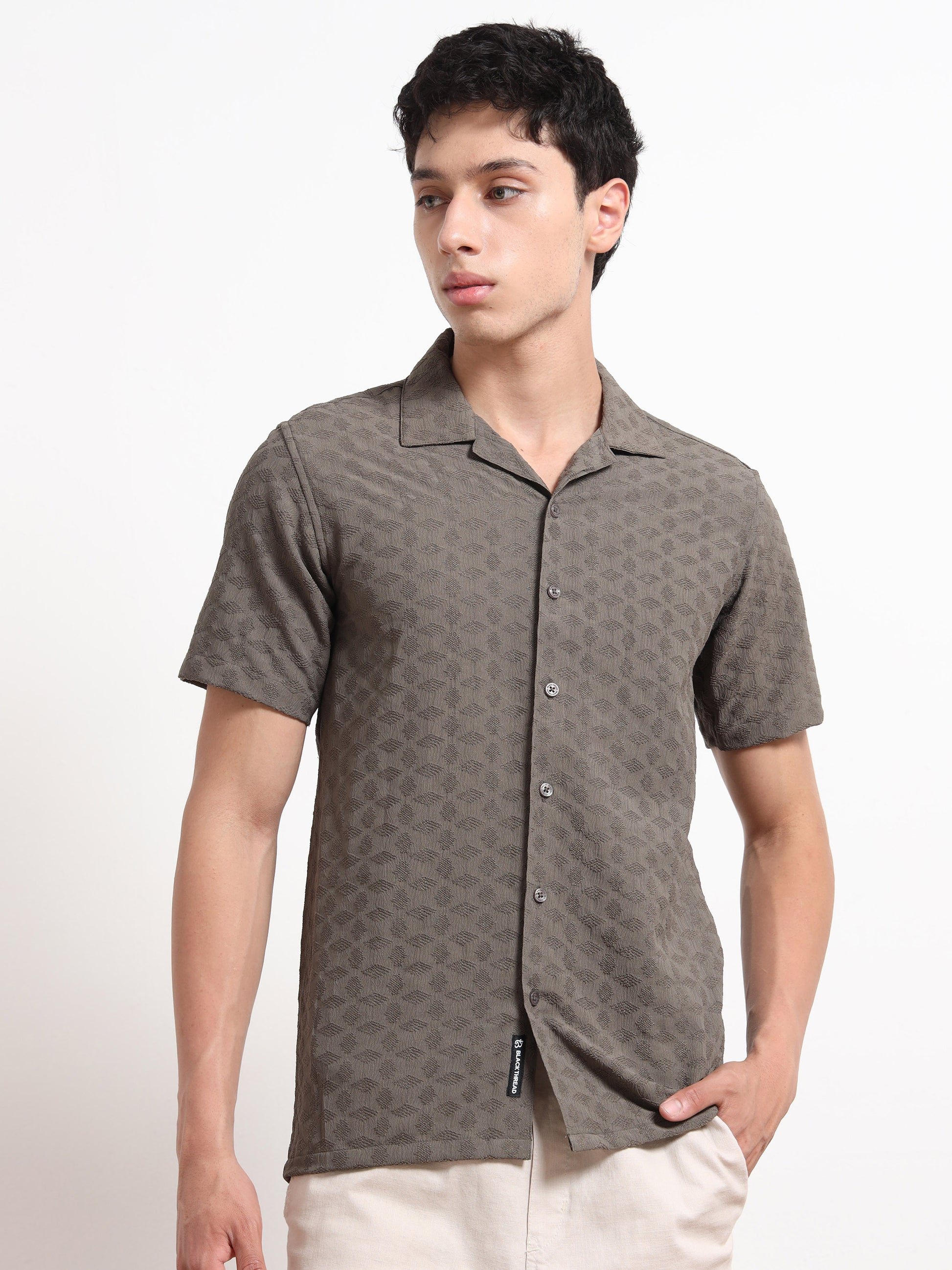Textured Grey Half Sleeve Shirt for Men