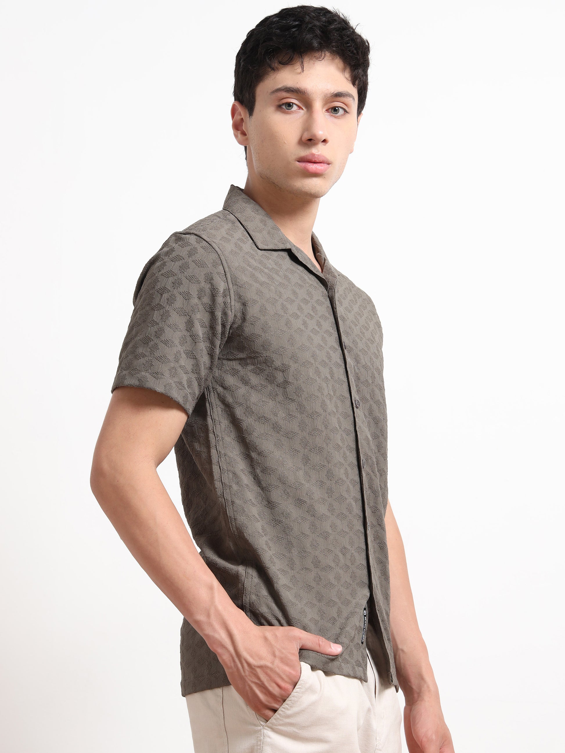 Textured Grey Half Sleeve Shirt for Men