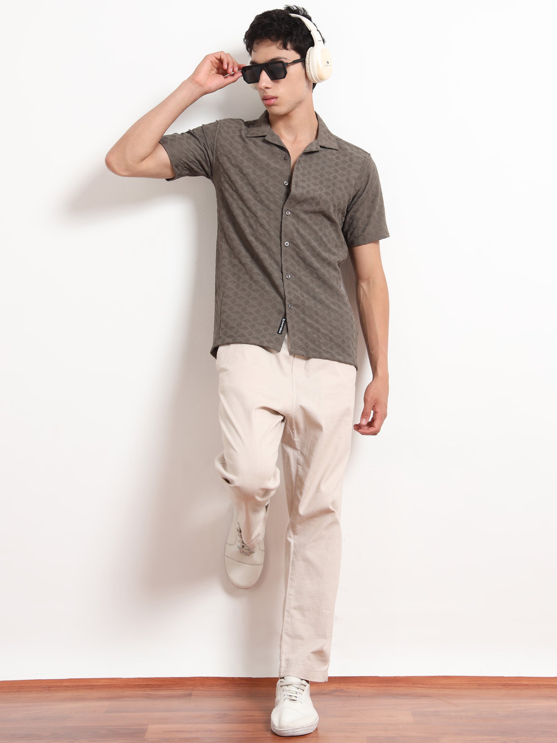 Textured Grey Half Sleeve Shirt for Men