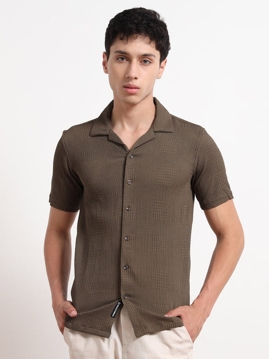 Textured Khaki Short Sleeve Shirt for Men