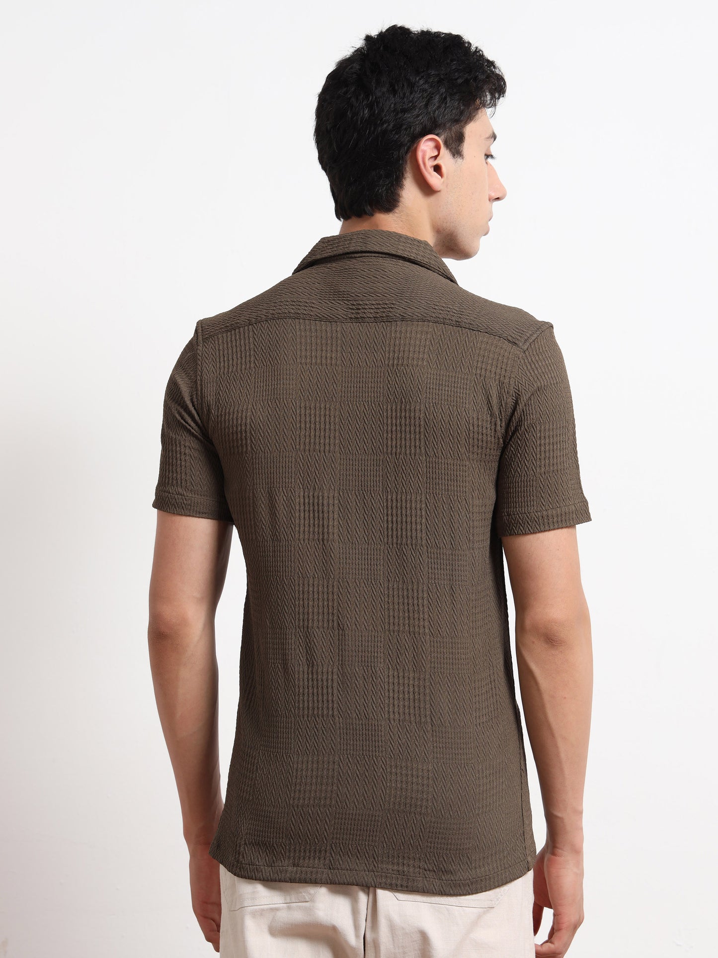 Textured Khaki Short Sleeve Shirt for Men