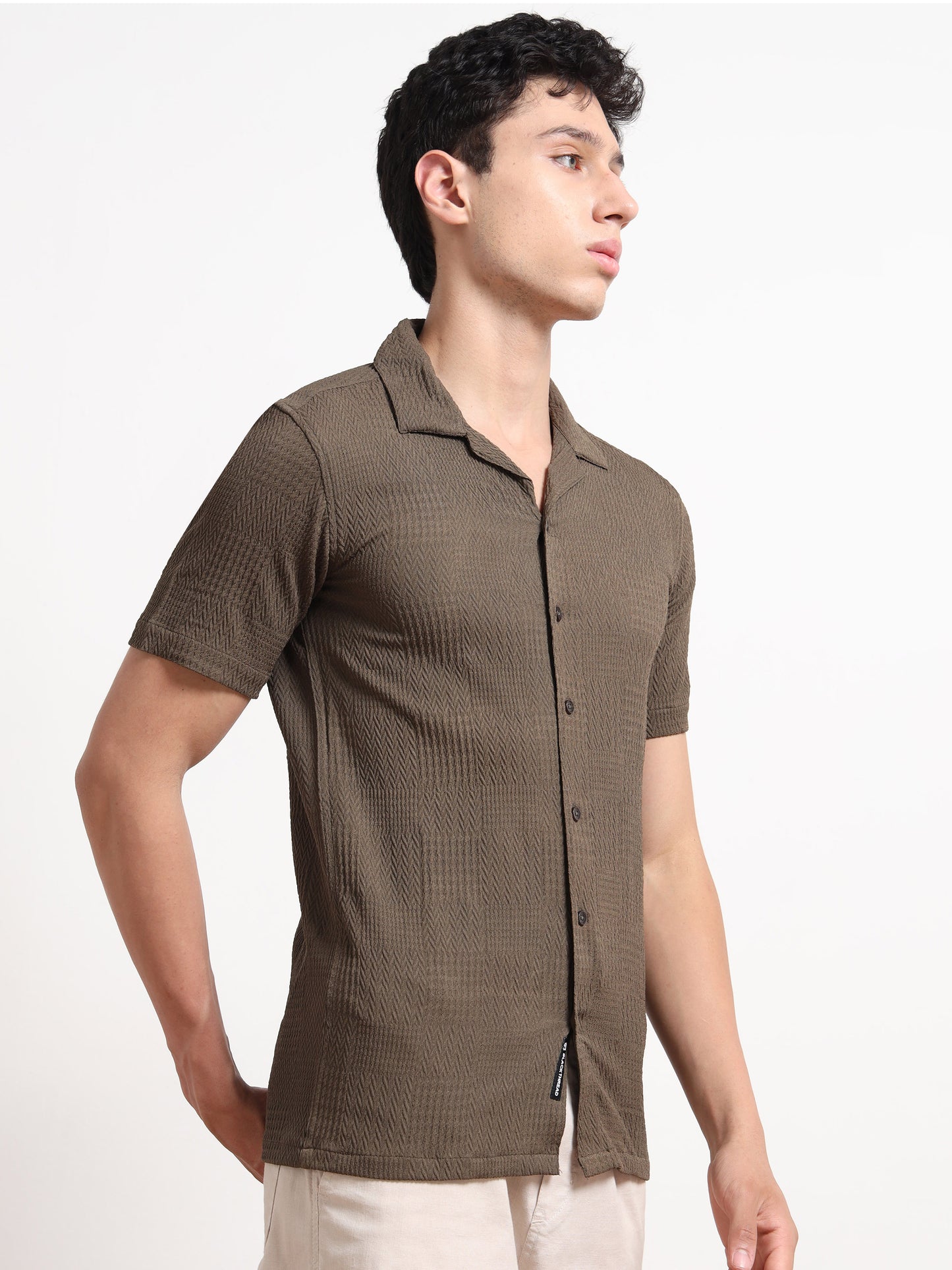 Textured Khaki Short Sleeve Shirt for Men