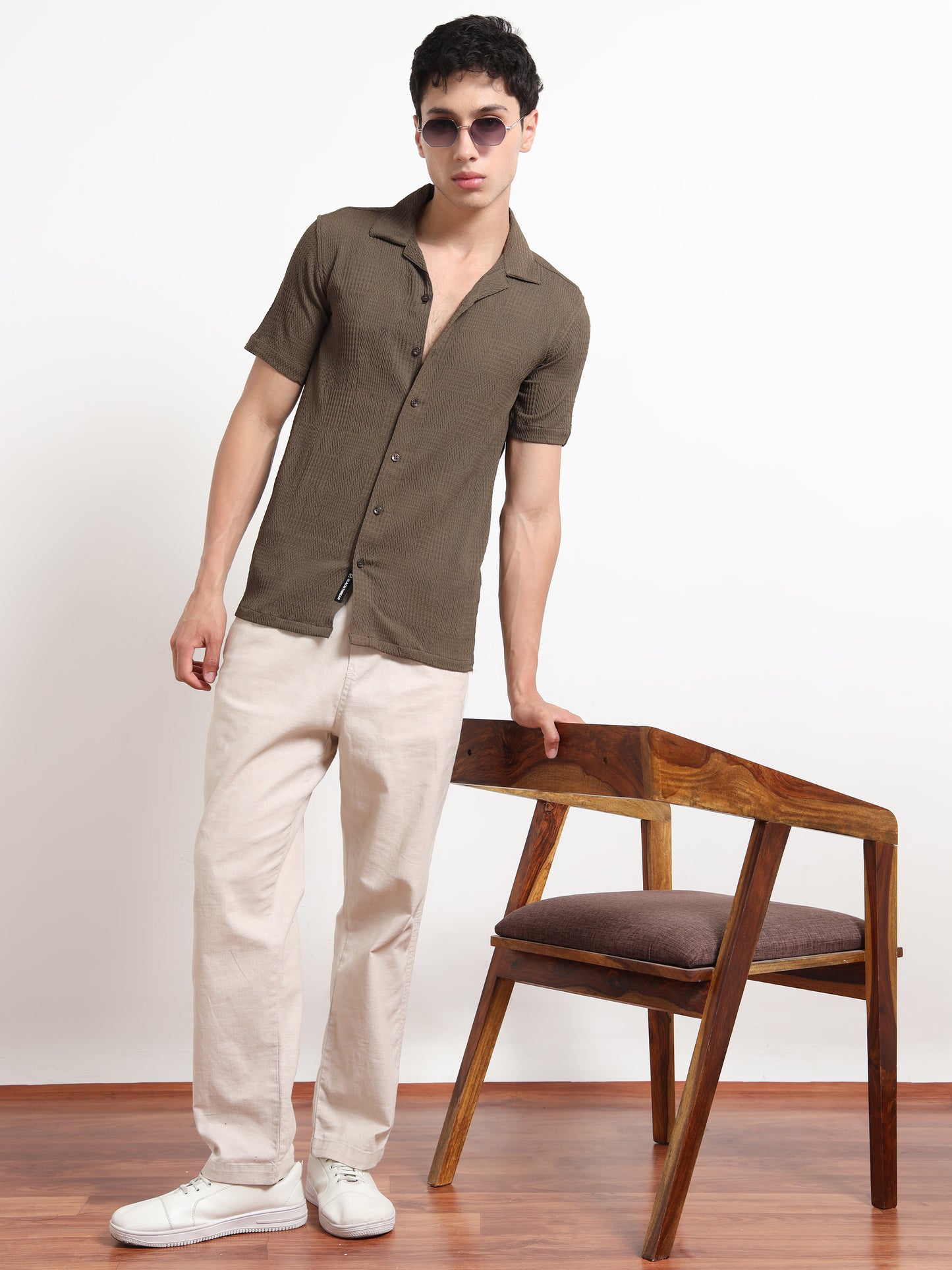 Textured Khaki Short Sleeve Shirt for Men
