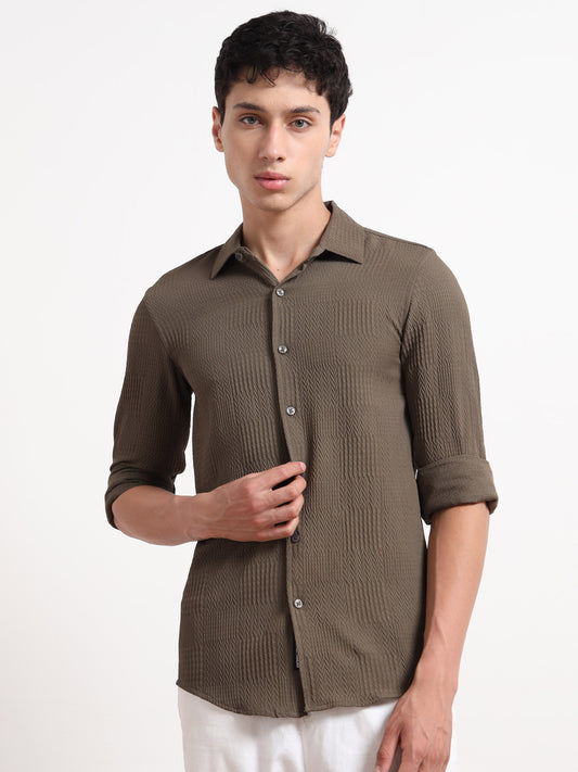 Full Sleeve Textured Mens Khaki Shirt