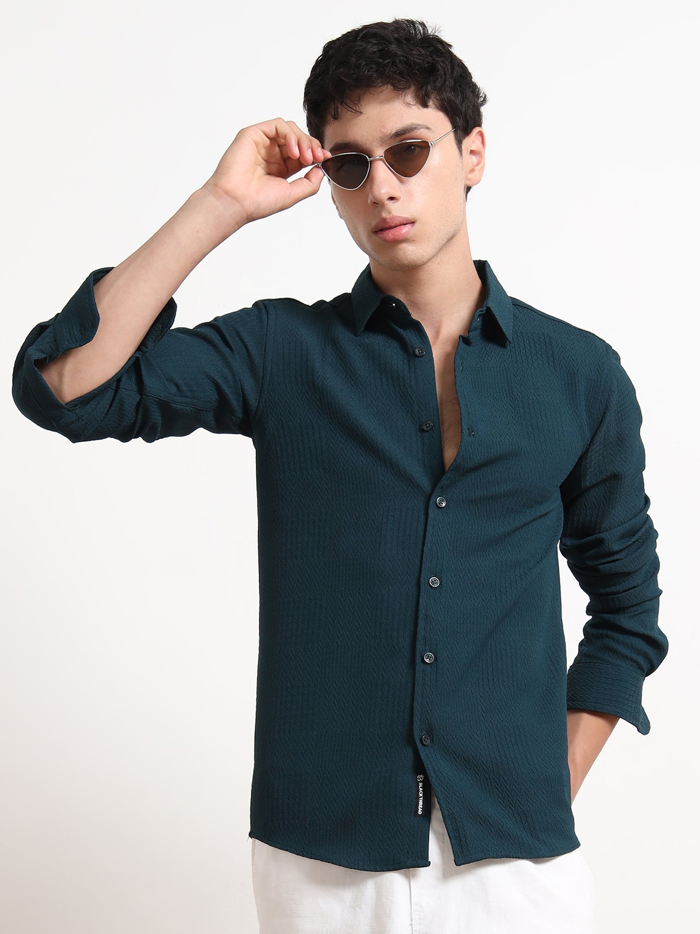 Textured Full Sleeve Mens Teal Shirt