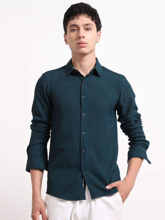 Textured Full Sleeve Mens Teal Shirt