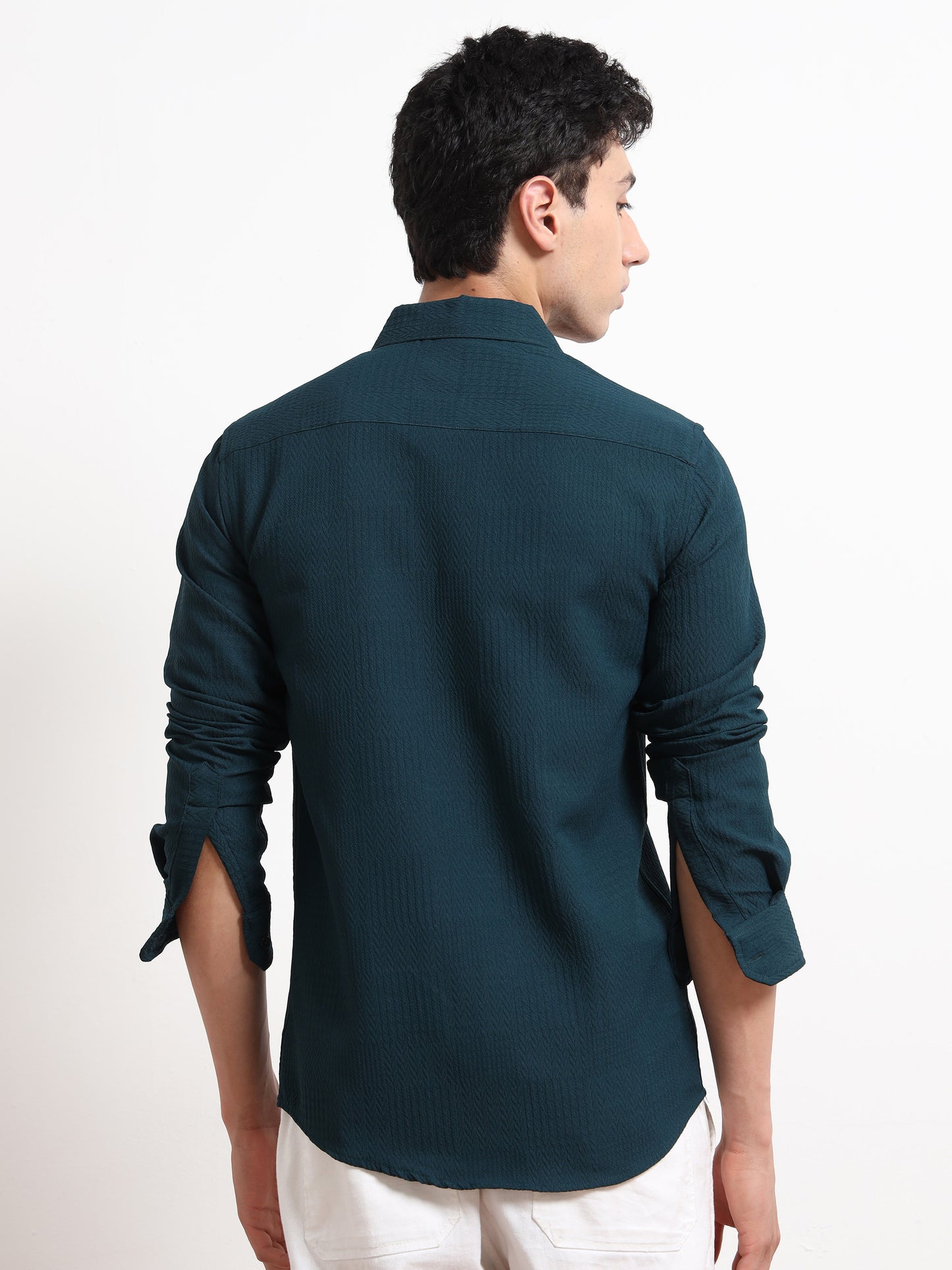 Textured Full Sleeve Mens Teal Shirt