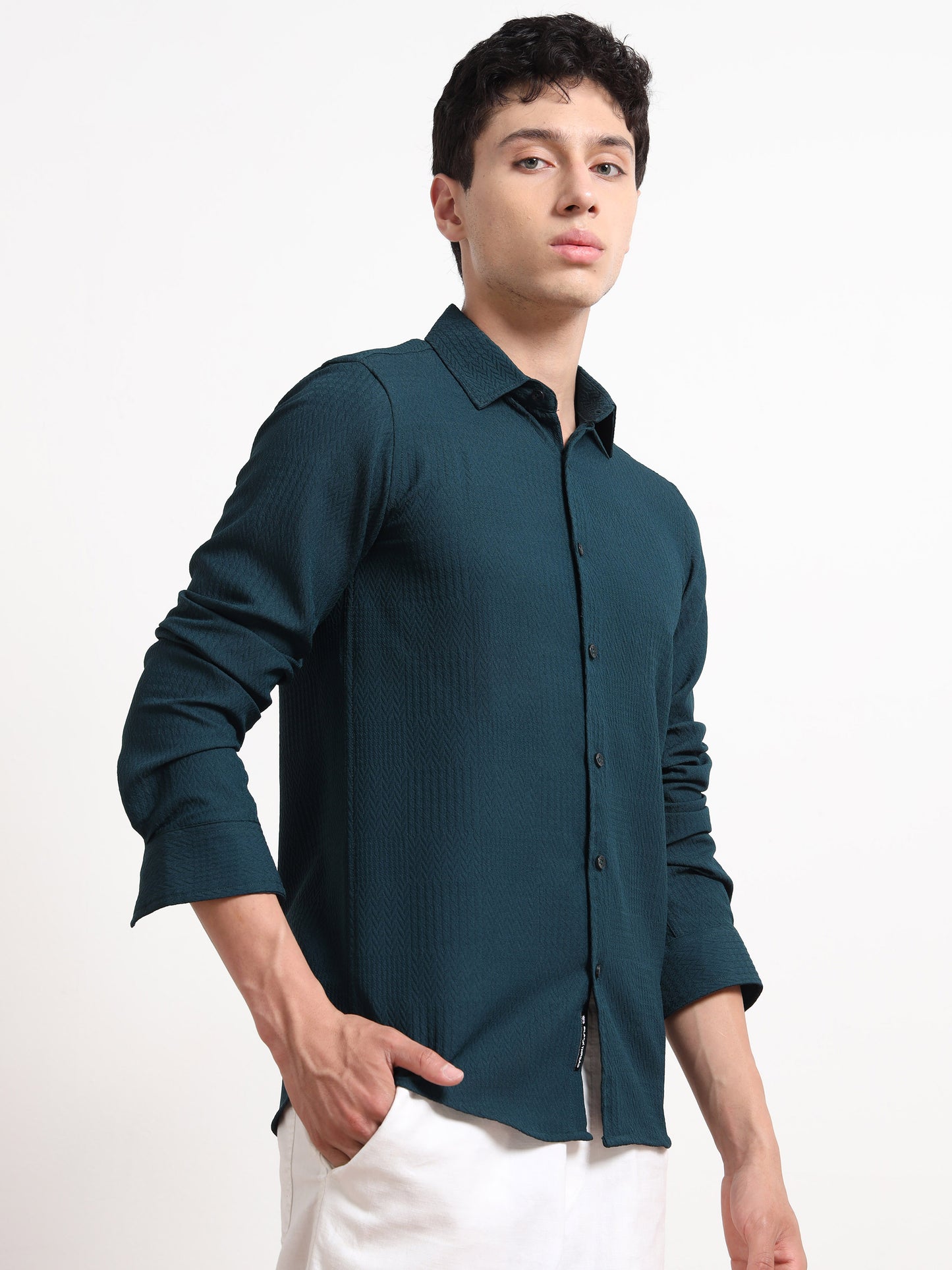 Textured Full Sleeve Mens Teal Shirt