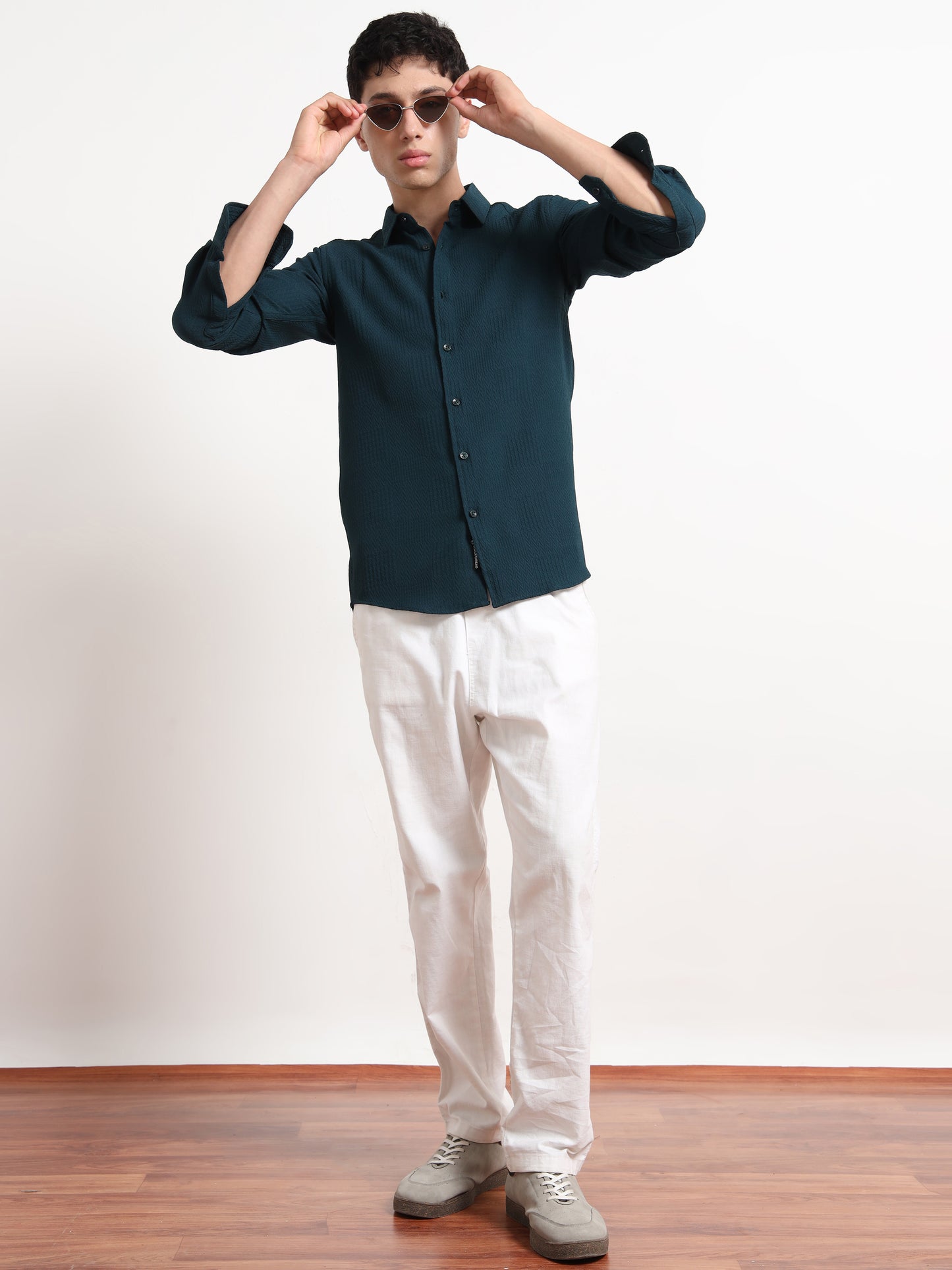 Textured Full Sleeve Mens Teal Shirt