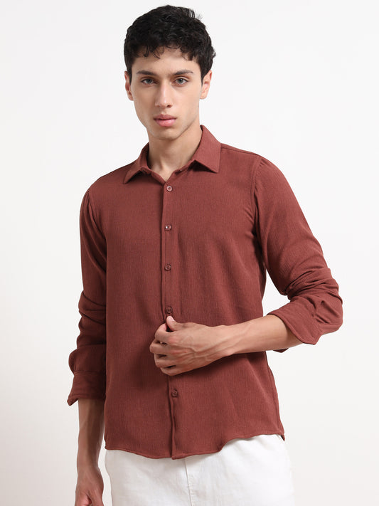 Full Sleeve Textured Mens Brown Shirt