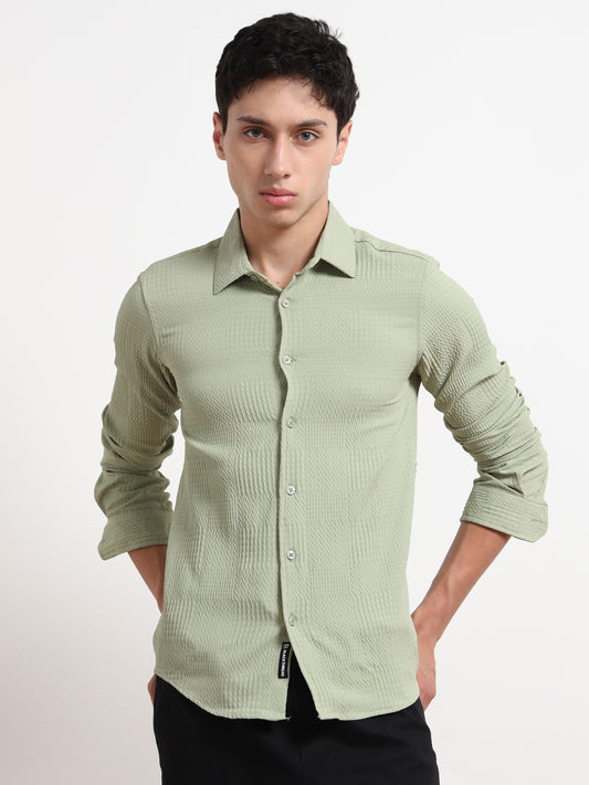 Full Sleeve Textured Mens Olive Green Shirt