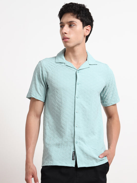 Half Sleeve Textured Mens Light Blue Shirt