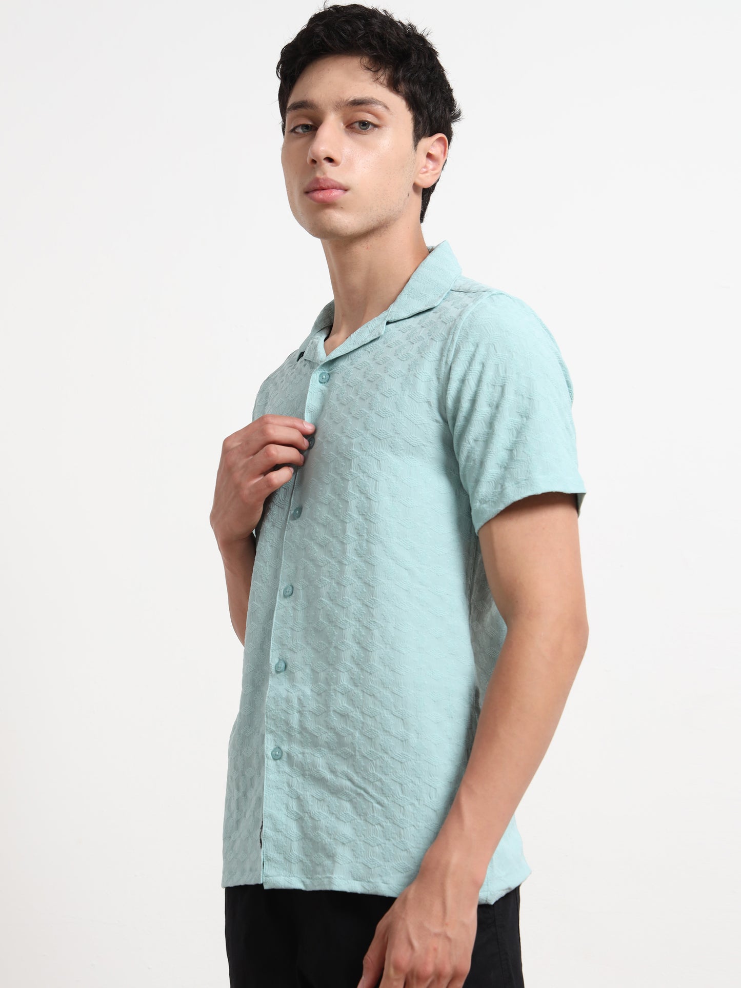 Half Sleeve Textured Mens Light Blue Shirt