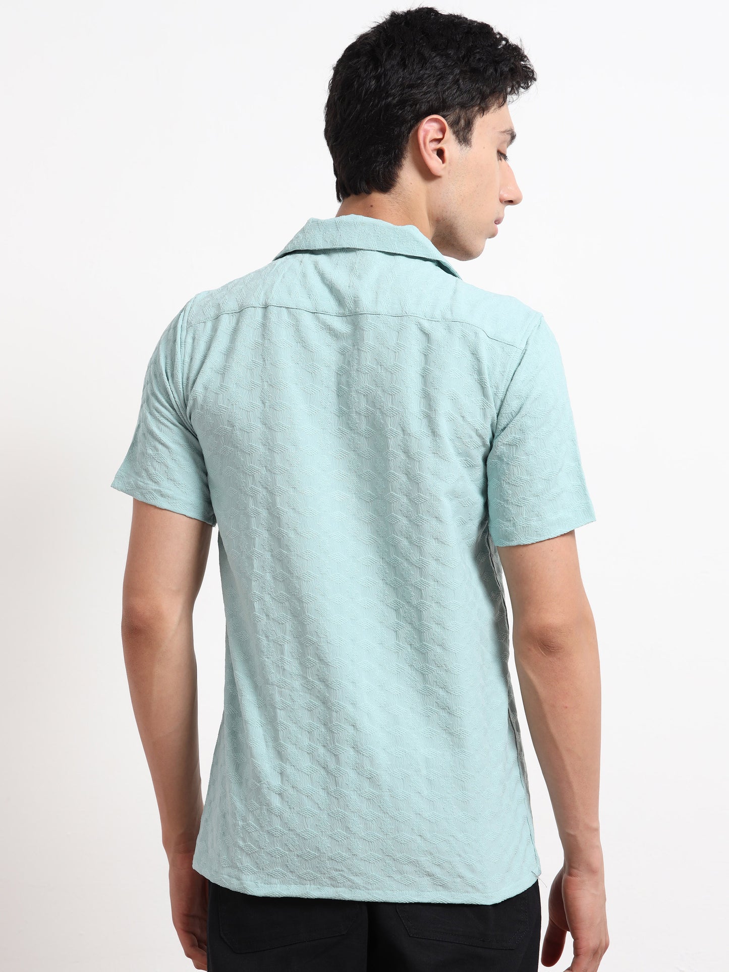 Half Sleeve Textured Mens Light Blue Shirt