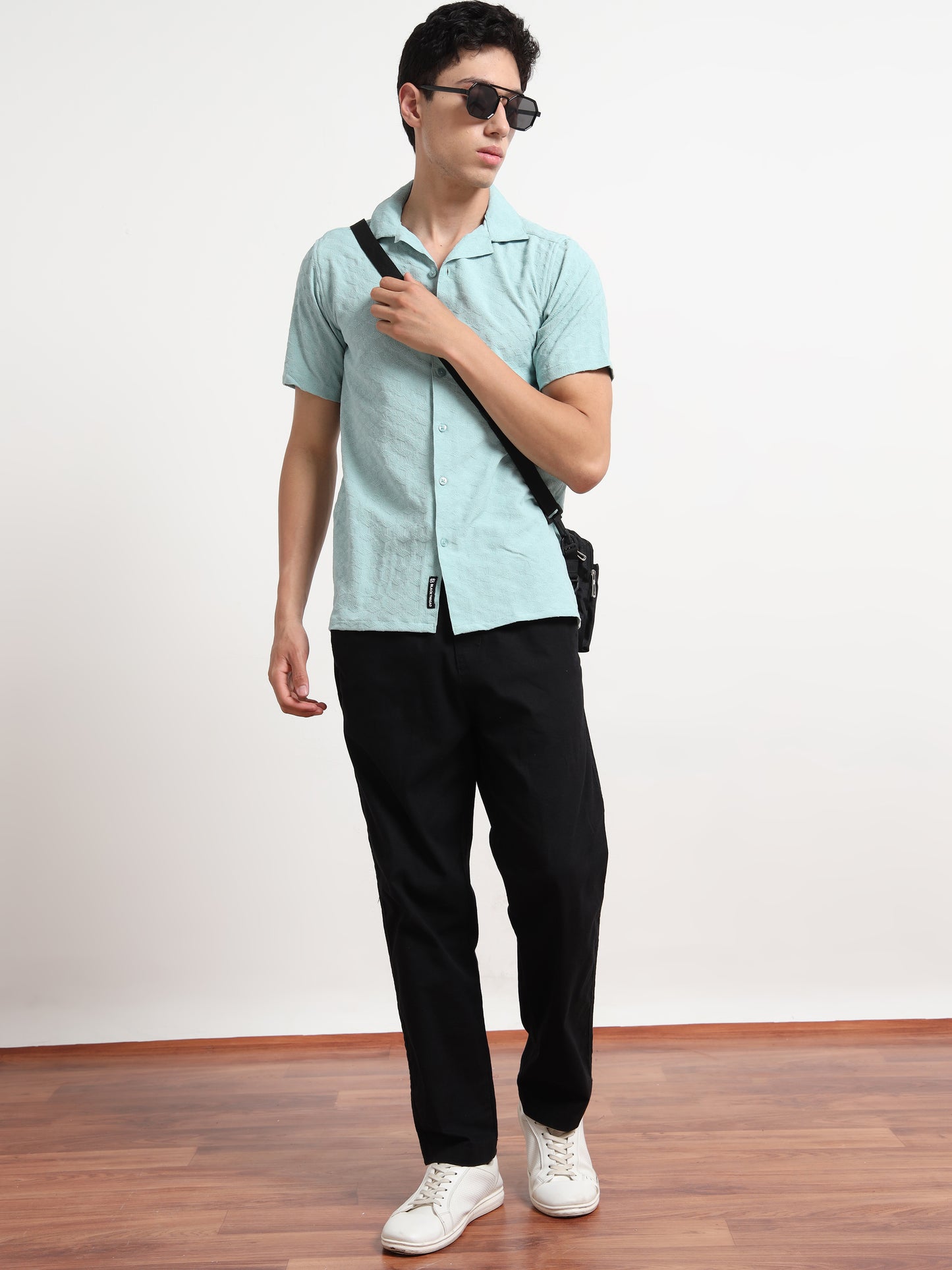 Half Sleeve Textured Mens Light Blue Shirt