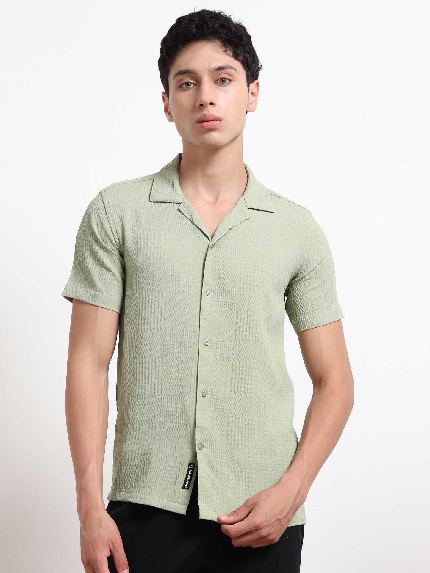 Half Sleeve Textured Light Green Shirt Men
