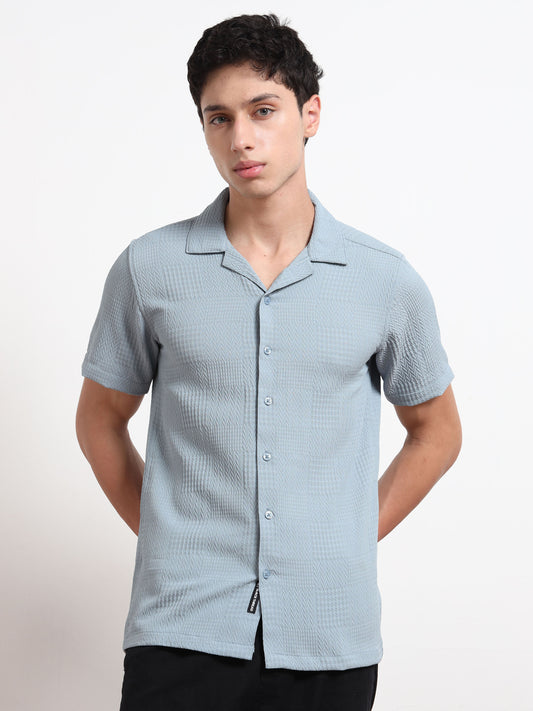 Half Sleeve Textured Ocean Blue Shirt for Men