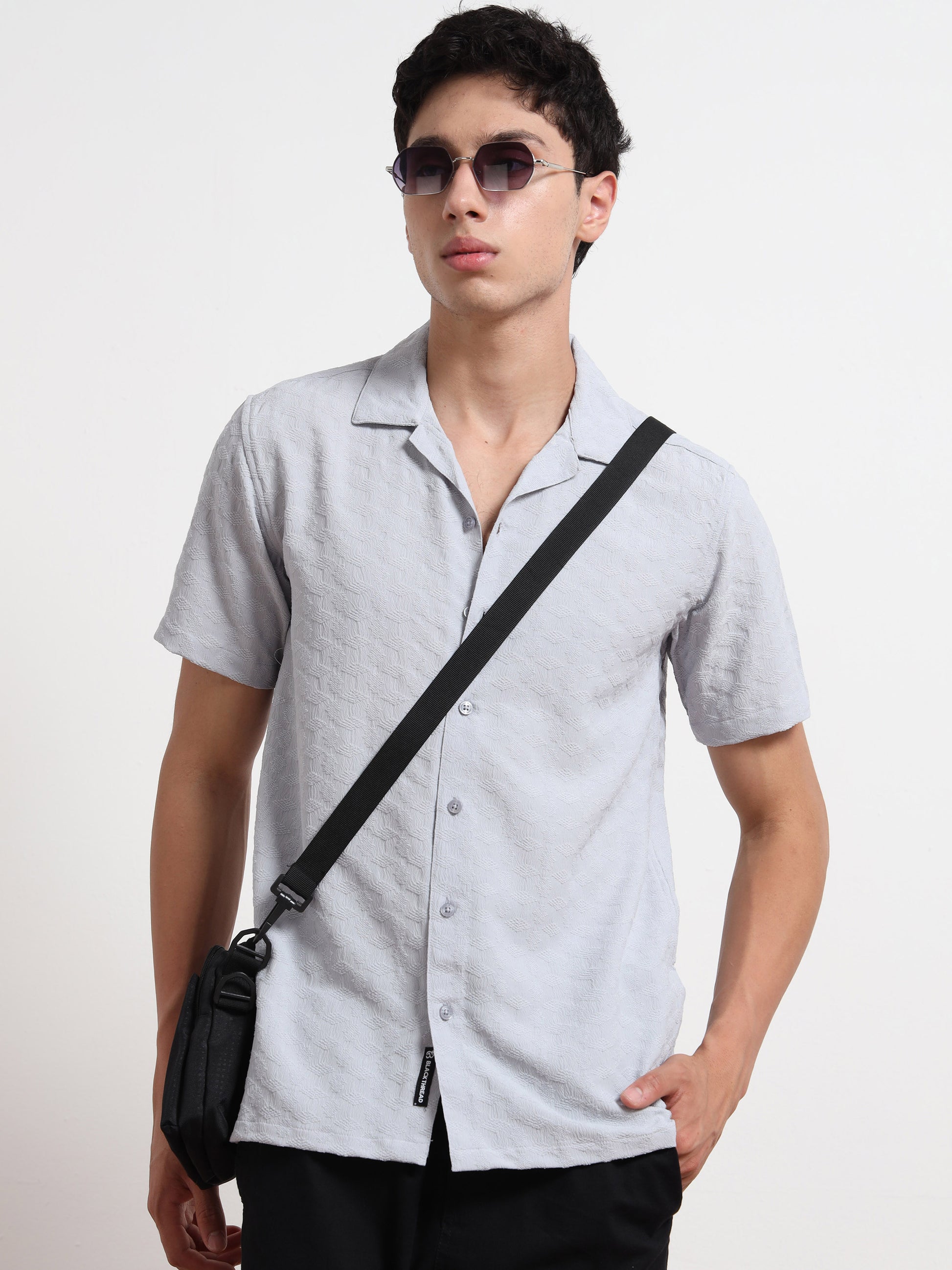 Textured Ash Blue Short Sleeve Shirt