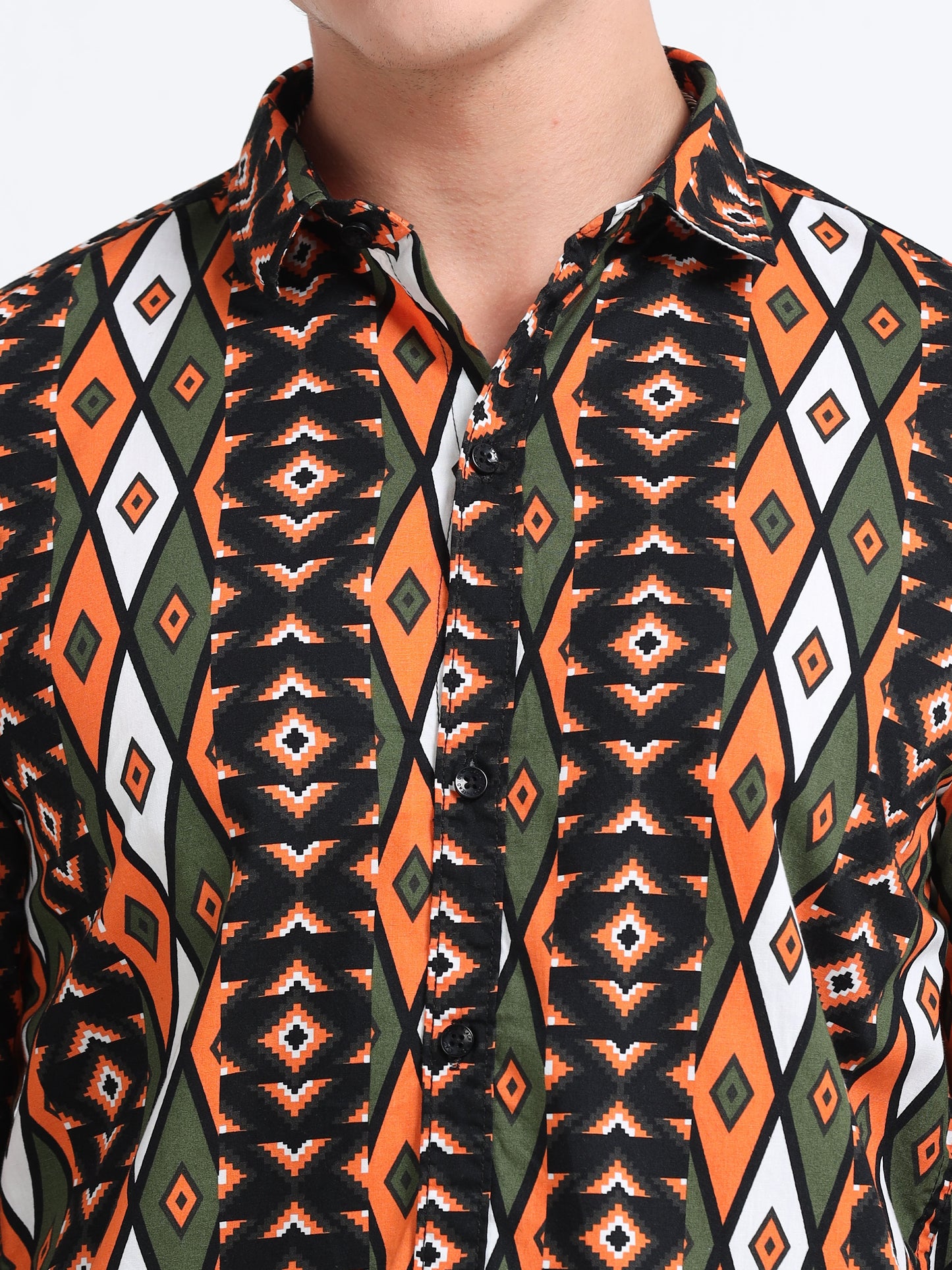 Men’s Olive & Orange Tribal Printed Cotton Shirt