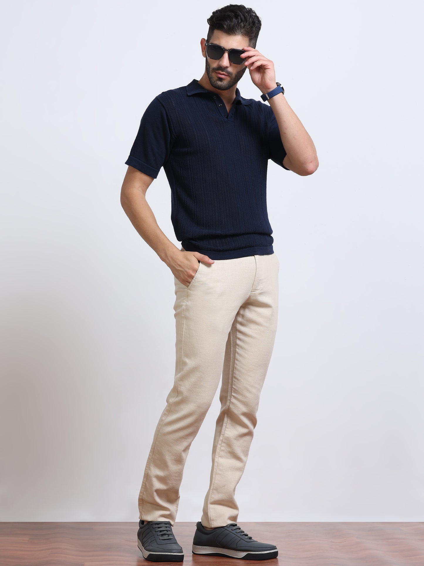 Men’s Linen Light Beige Slim-Fit Casual Trousers– Black Thread