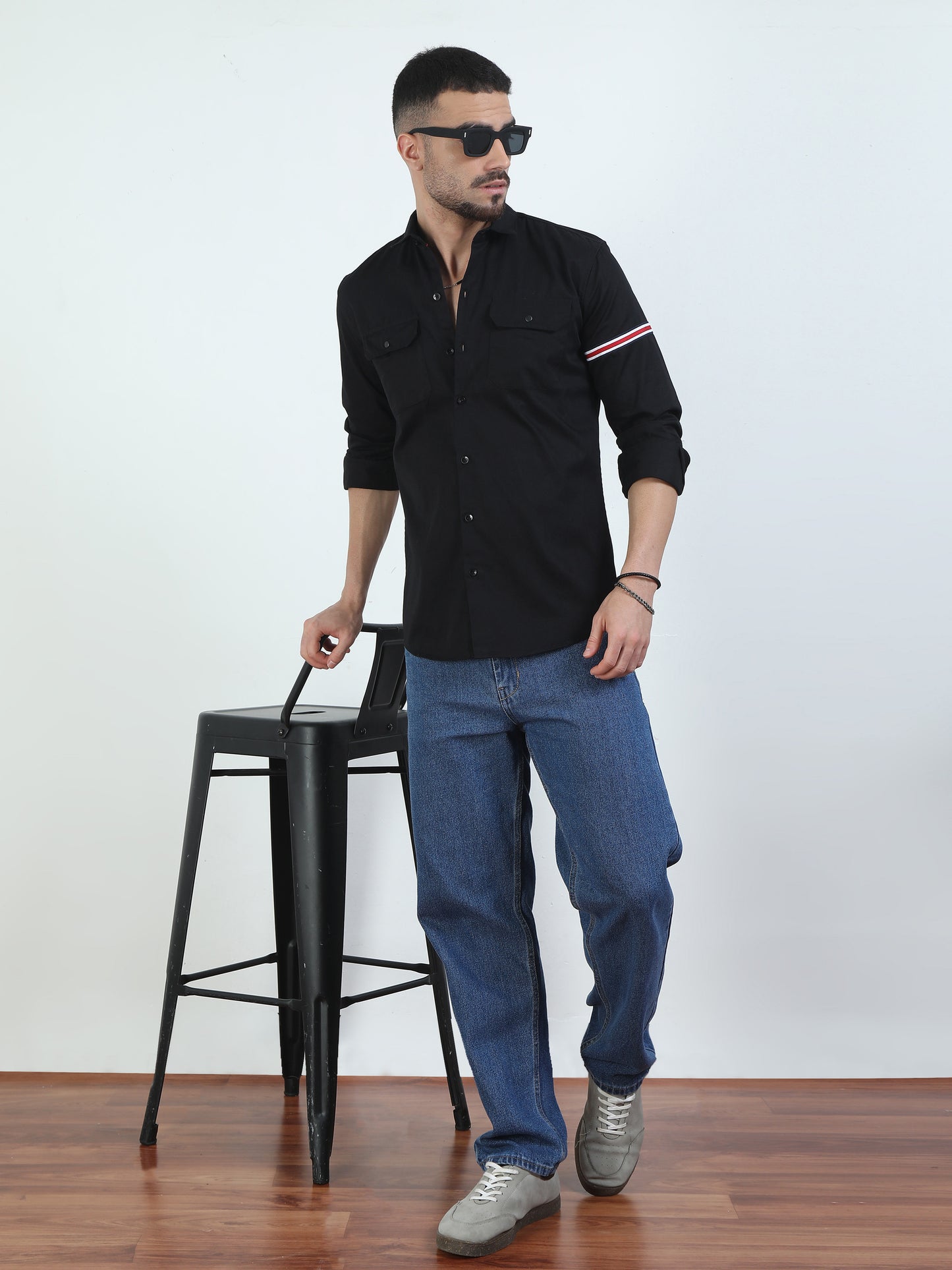 Sleeve Strap Black Double Pocket Shirt For Men