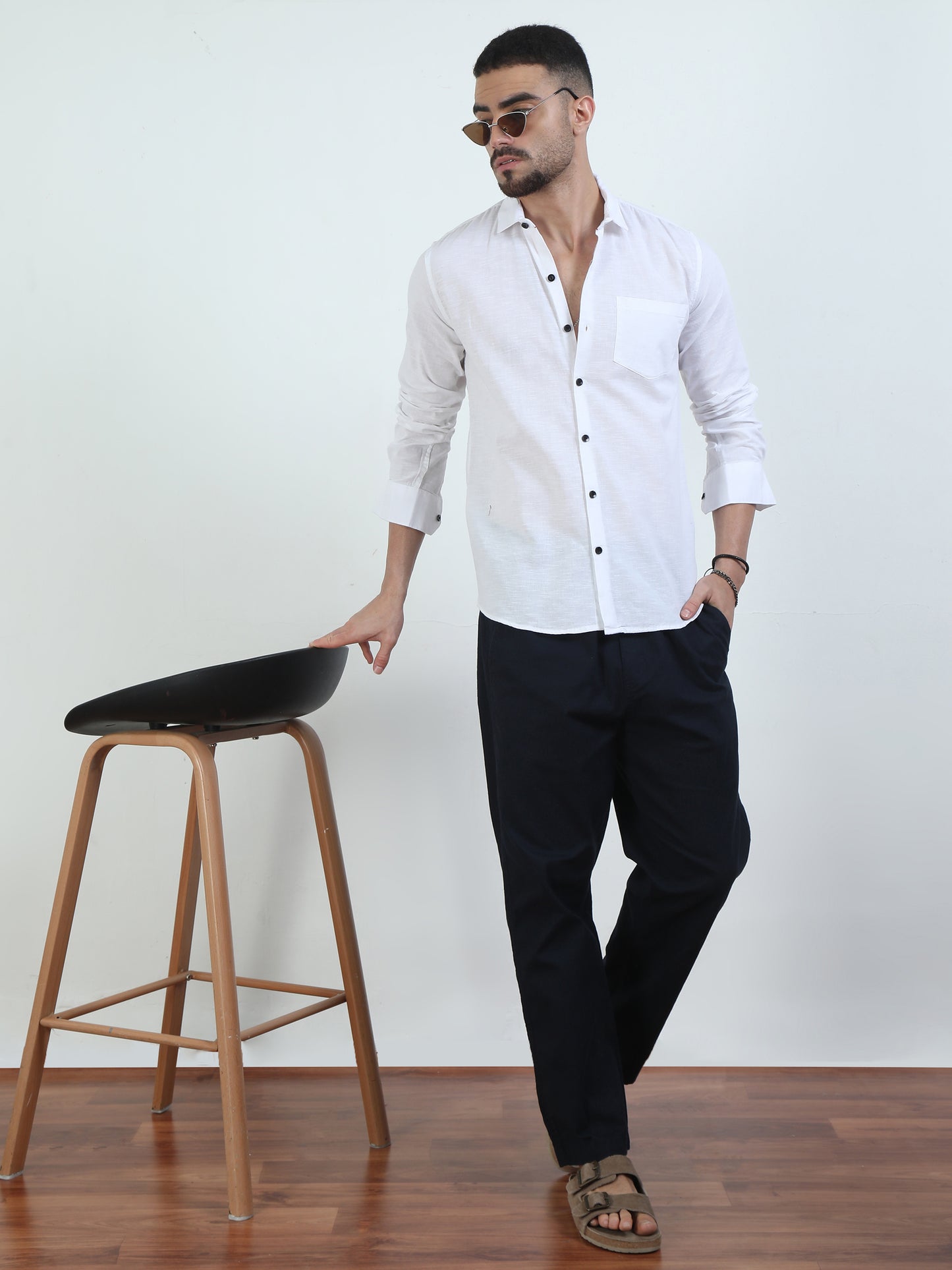 Pure Tone Slub White Shirt For Men