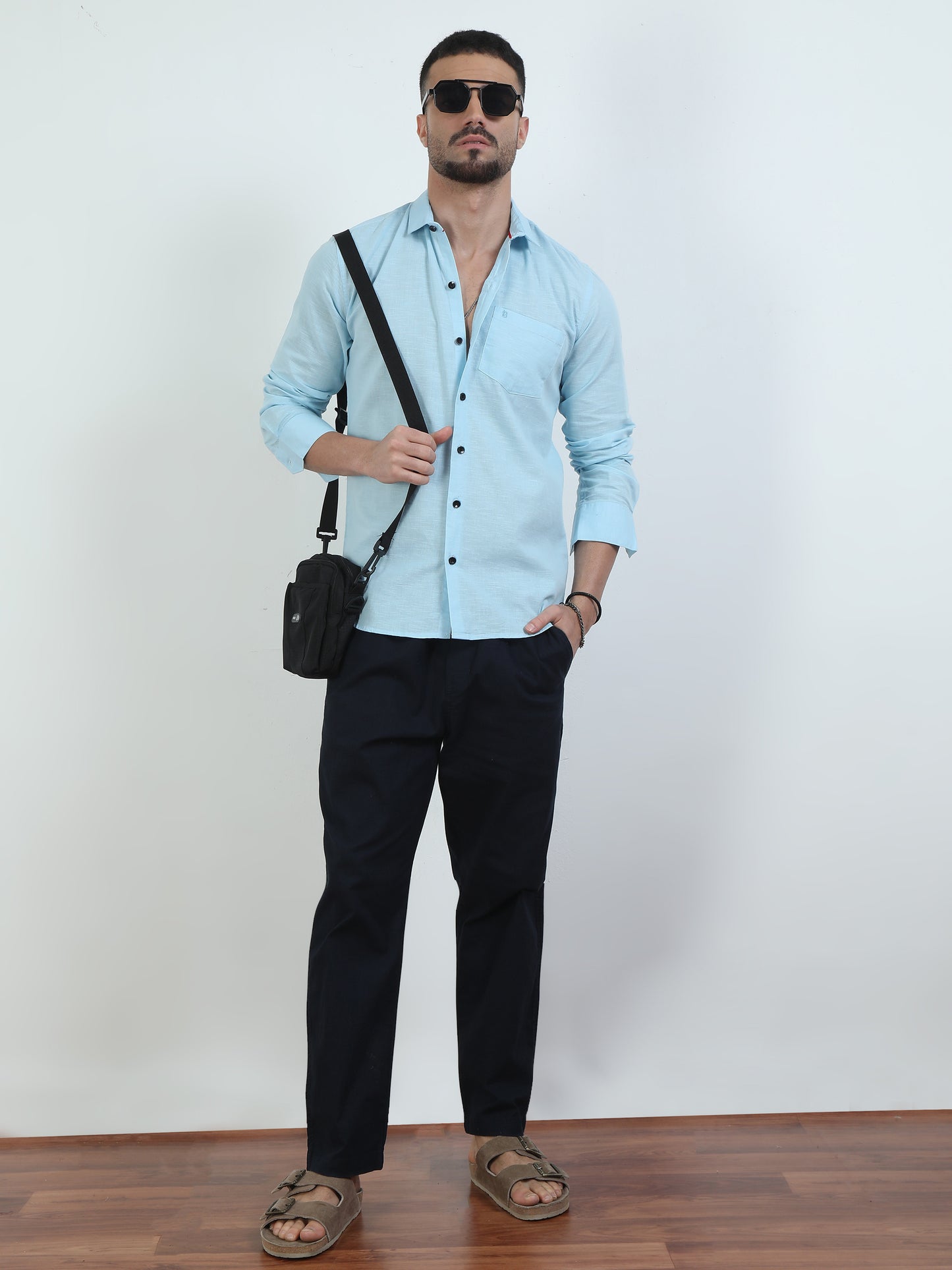 Pure Tone Slub Sky Blue Shirt For Men