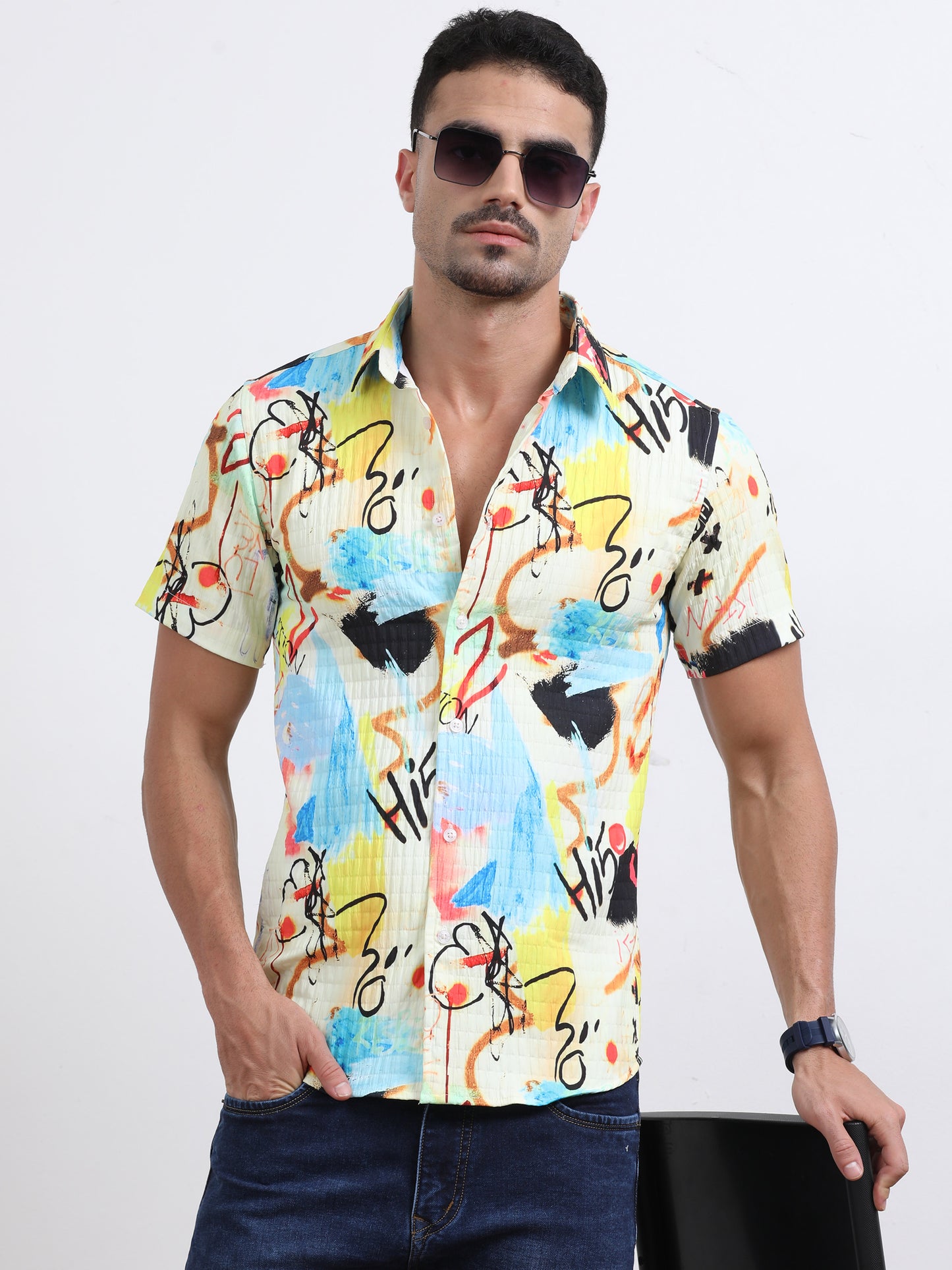Multi Half Sleeve Poly Cotton Digital Print Shirts