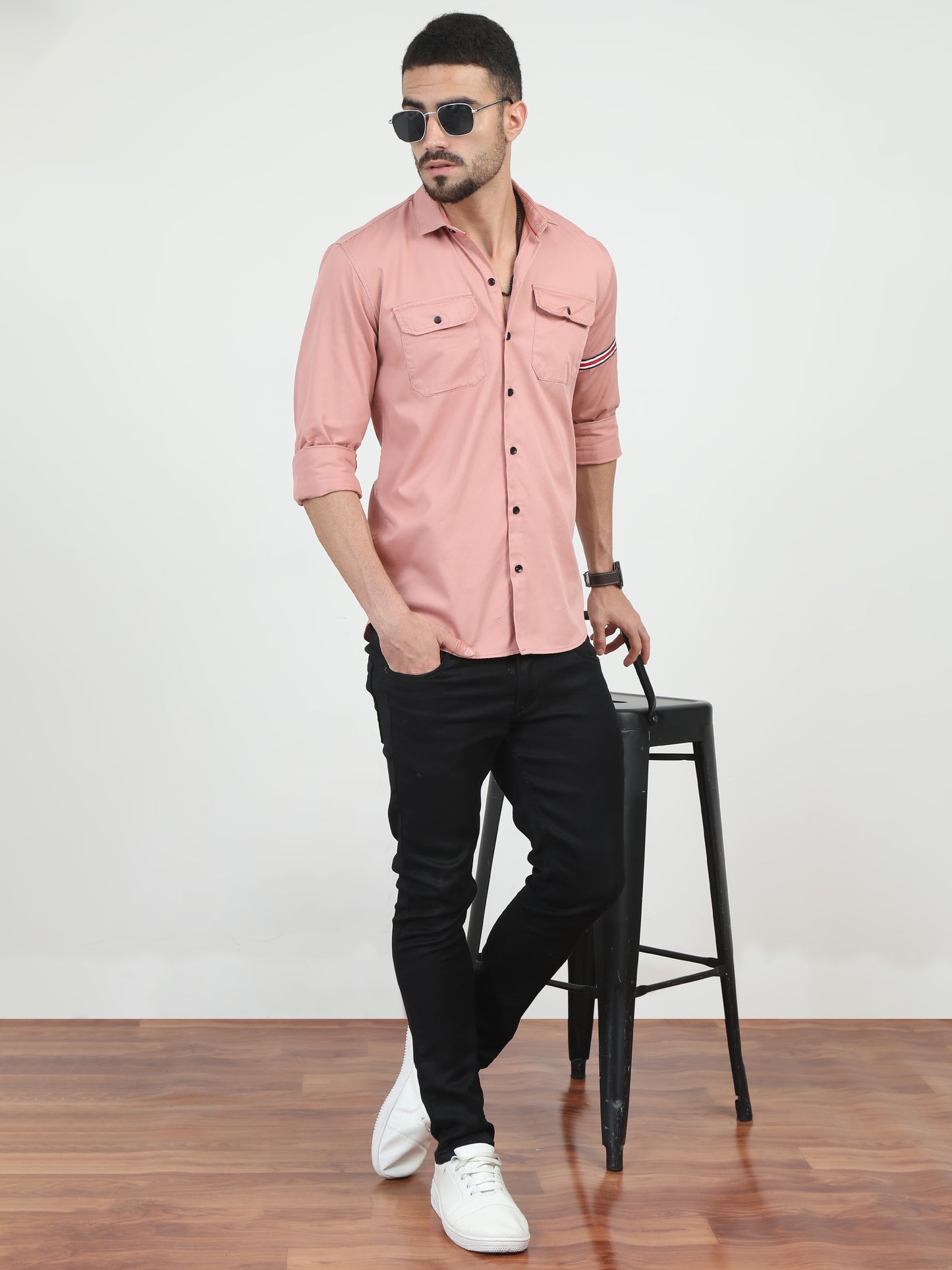 Double Pocket Solid Peach Shirt For Men