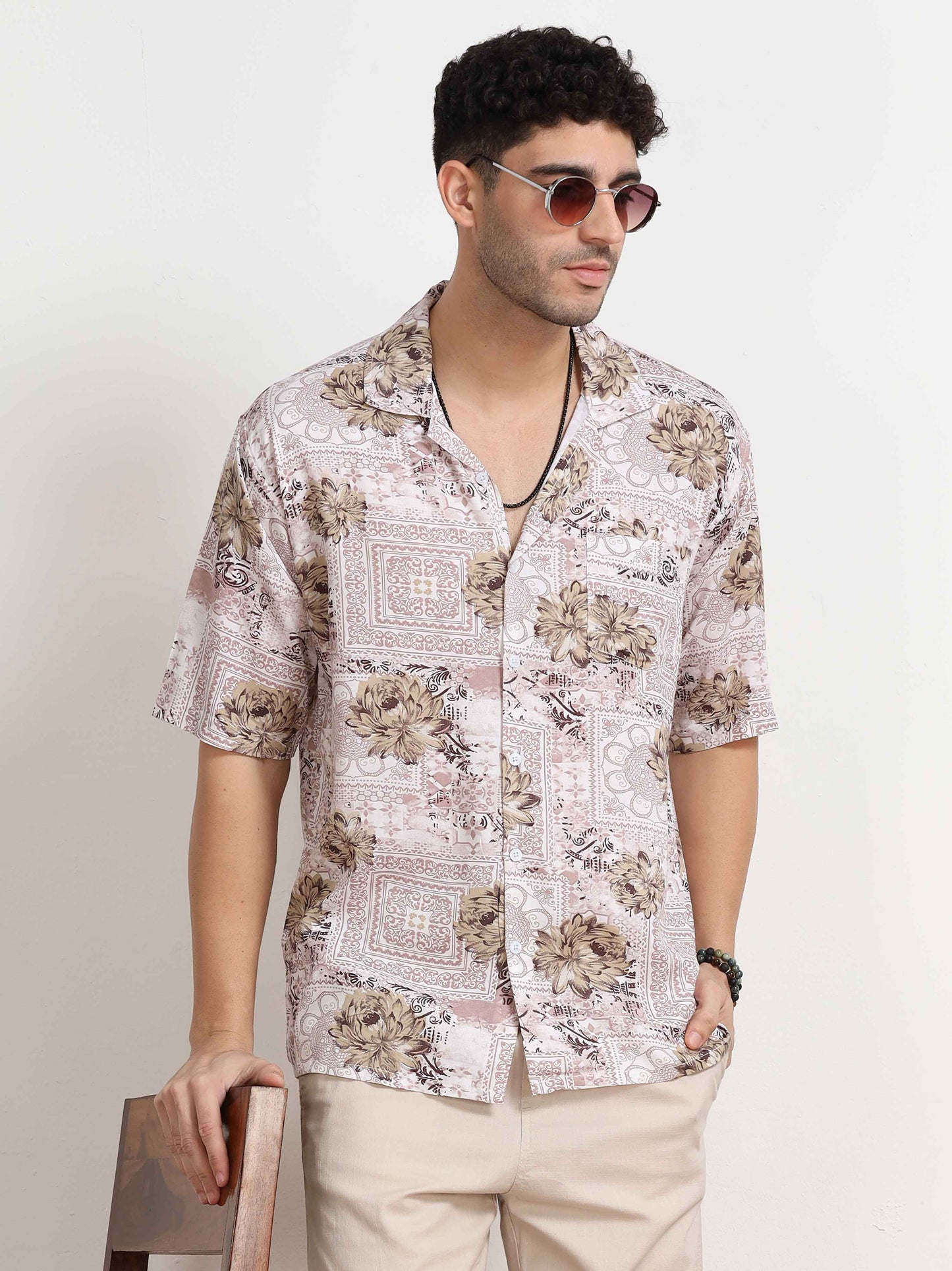 Floral Printed Light Brown Oversized Shirt for men